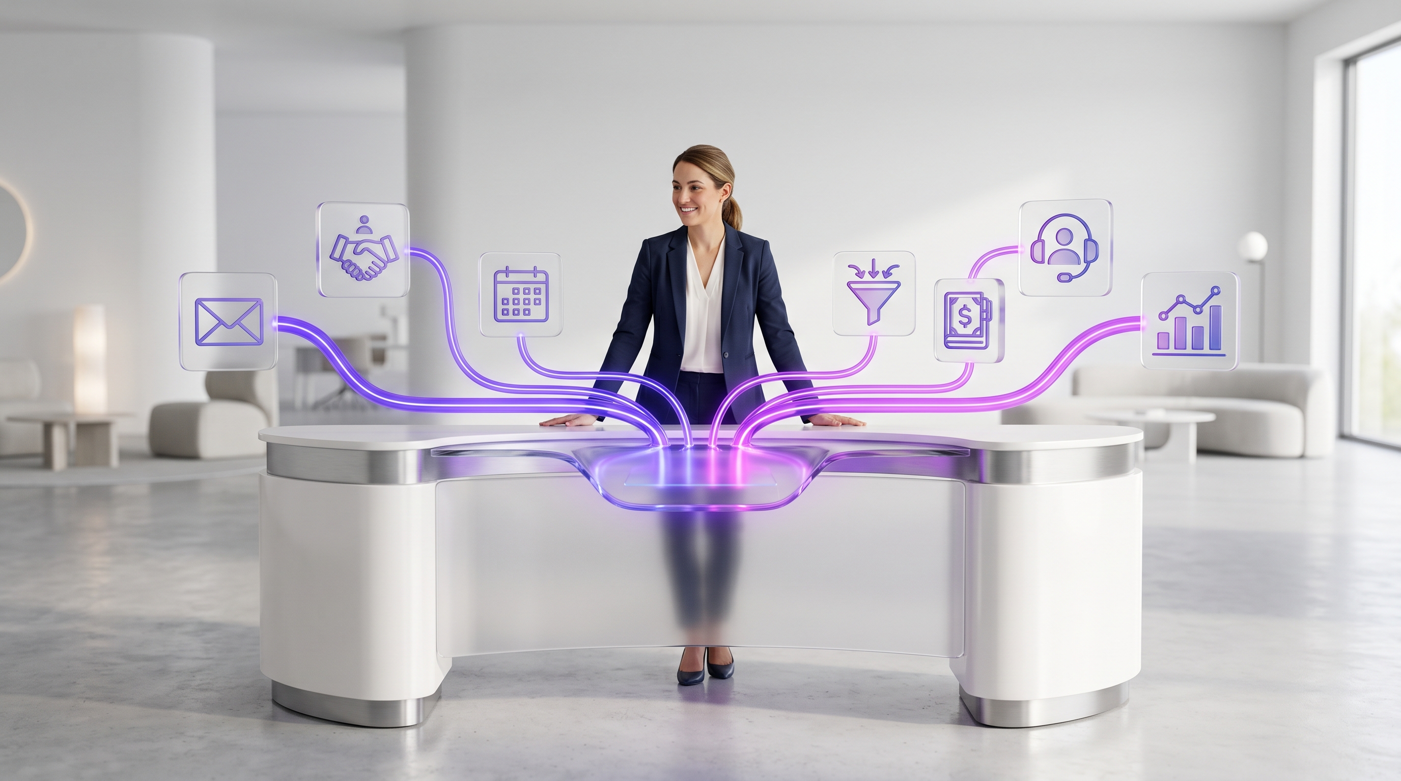 A business owner at a clean operations desk while email, CRM, calendar, finance, and support flow through one OpenClaw AI orchestration layer