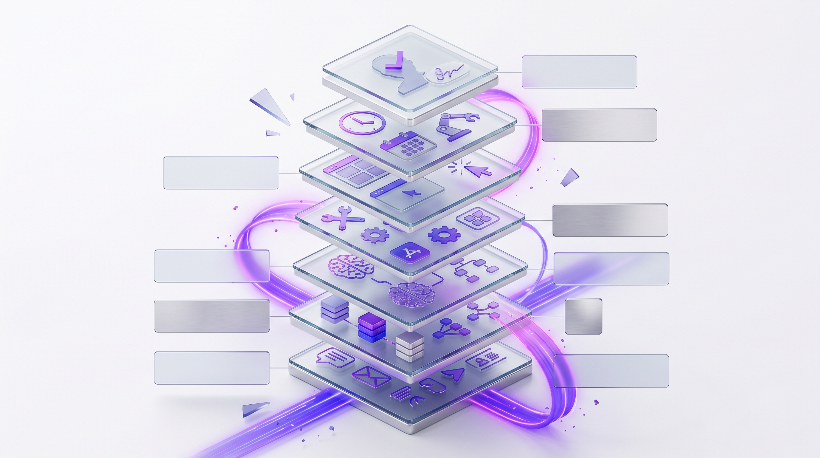 Seven stacked layers: communication inputs, memory, reasoning, tools, browser actions, scheduled automation, and human approval