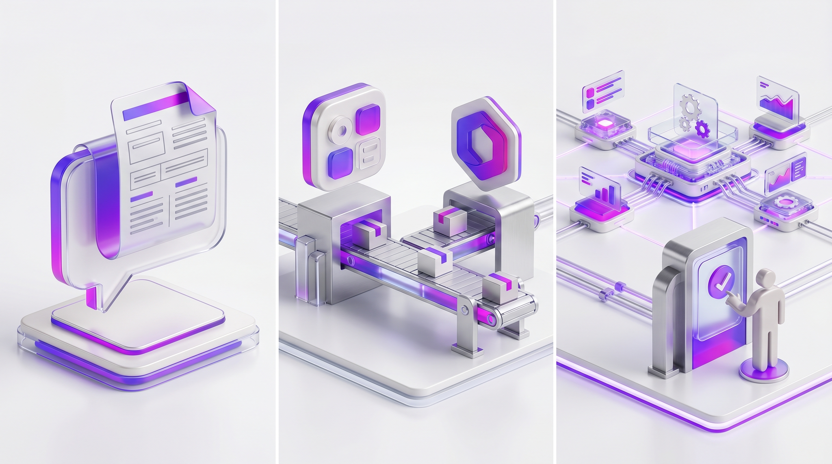 Three panels contrasting a chat assistant, a fixed automation belt, and an orchestration hub with a human approval gate