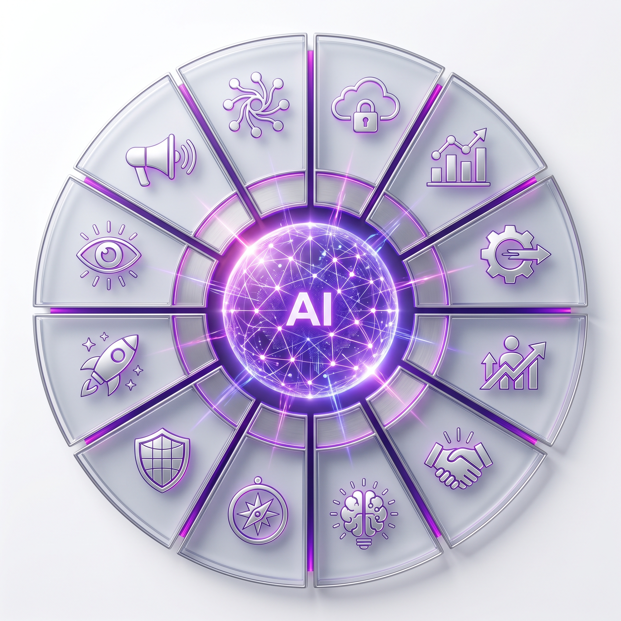 A capability wheel with a central AI core surrounded by twelve business functions from leadership to competitive intelligence