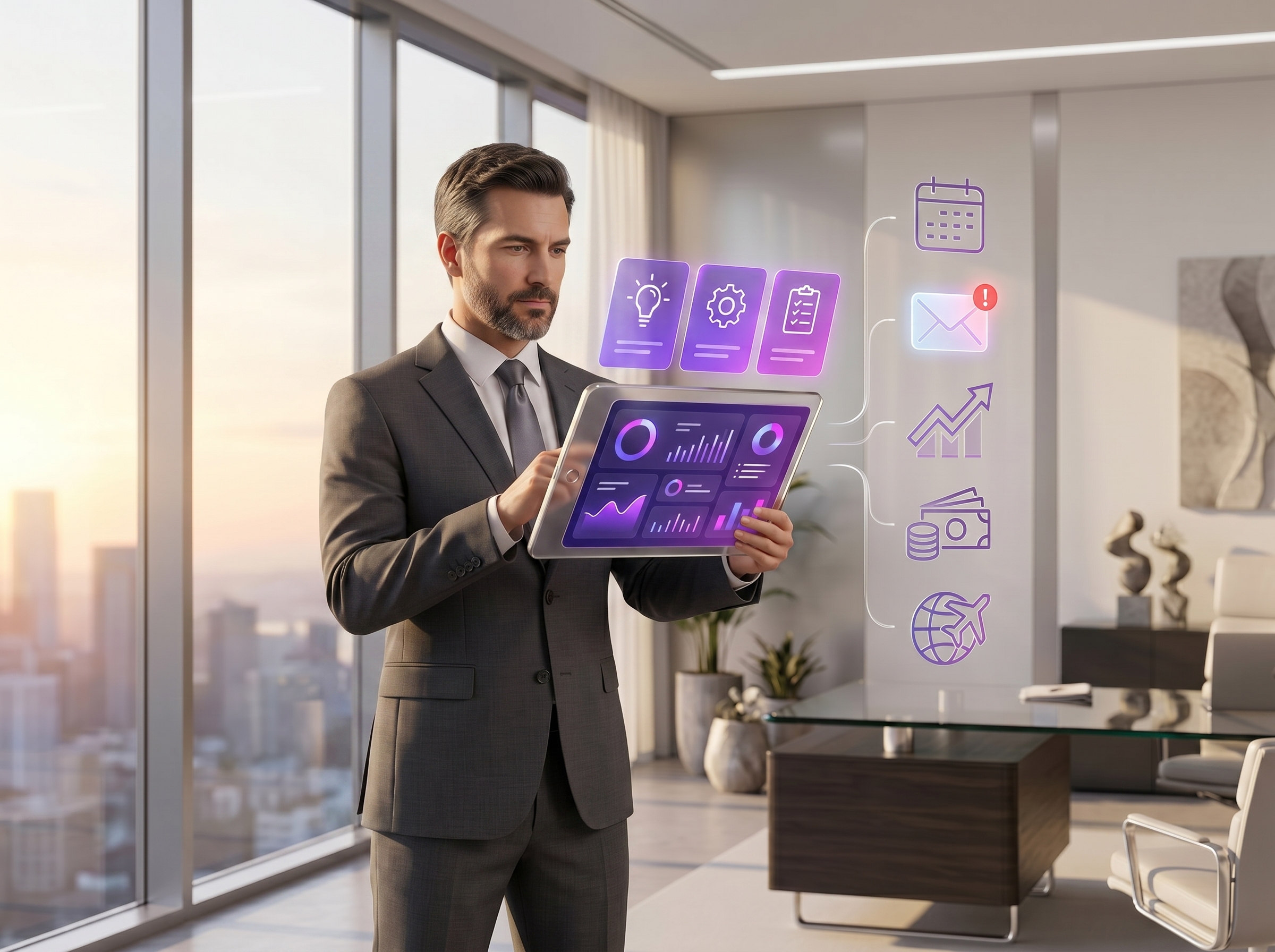 An owner reviewing an abstract daily brief on a tablet, with calendar, urgent email, sales trend, cash, and priority decisions around it