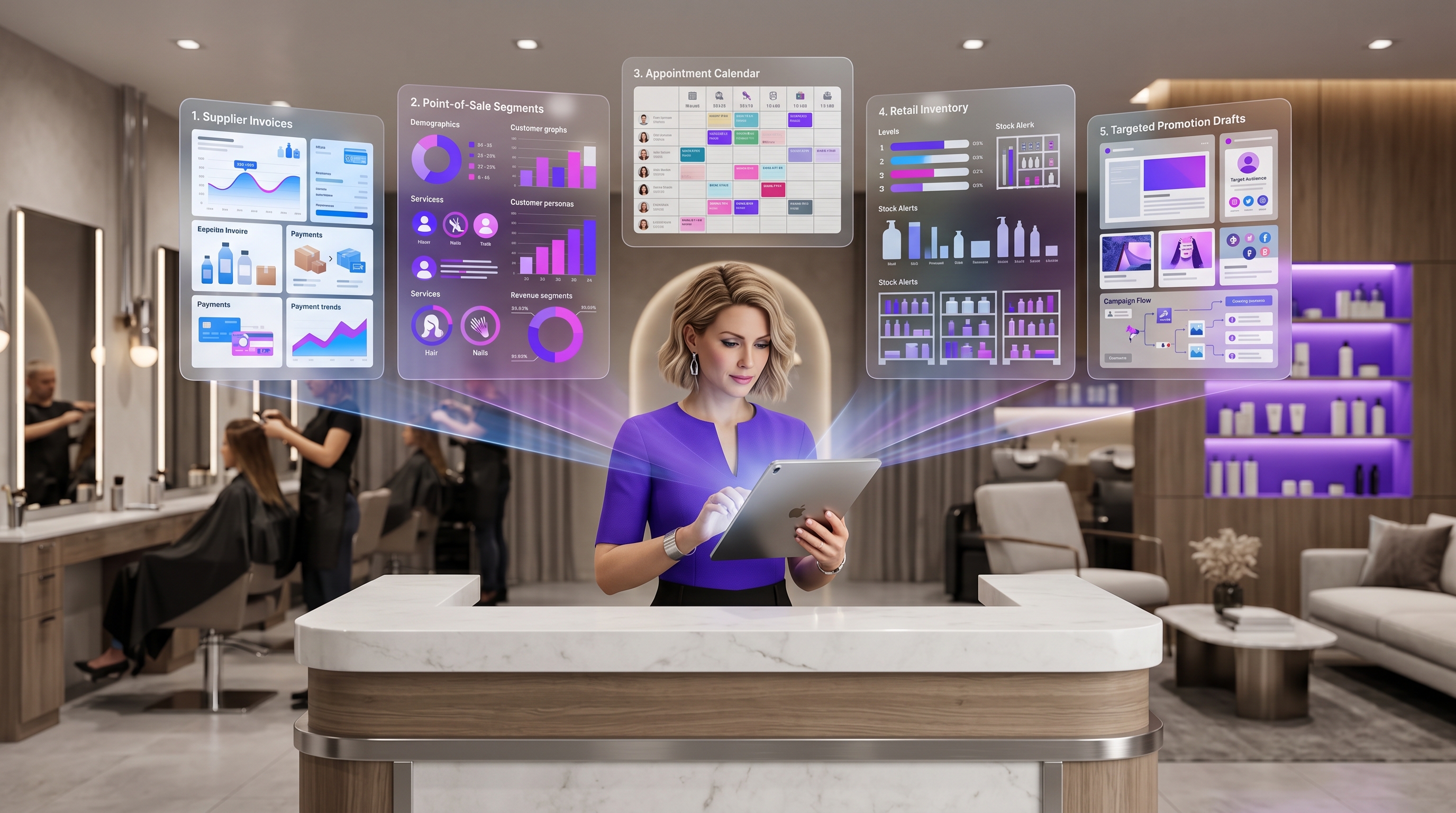A salon owner reviewing supplier invoices, point-of-sale customer segments, appointments, inventory, and promotions on a tablet
