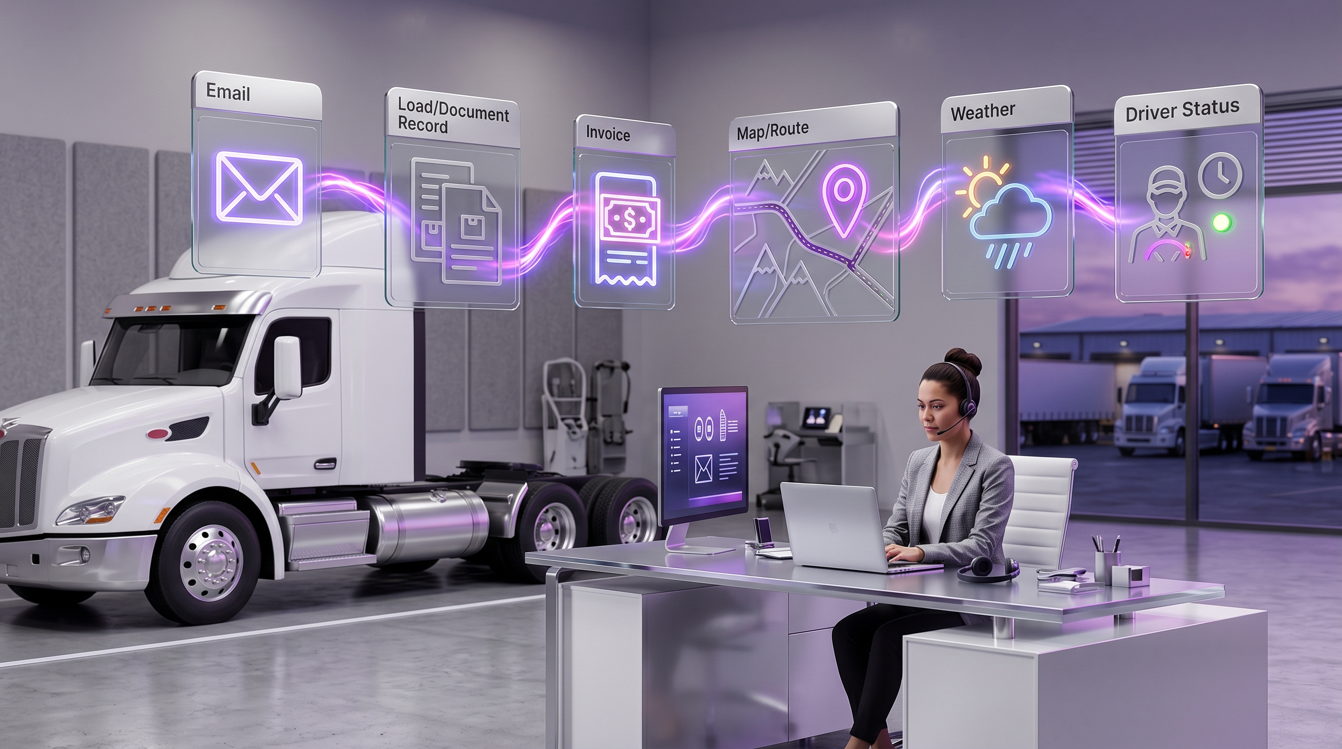 A trucking dispatch workflow turning a broker email into a load record, invoice, route, weather check, and driver update