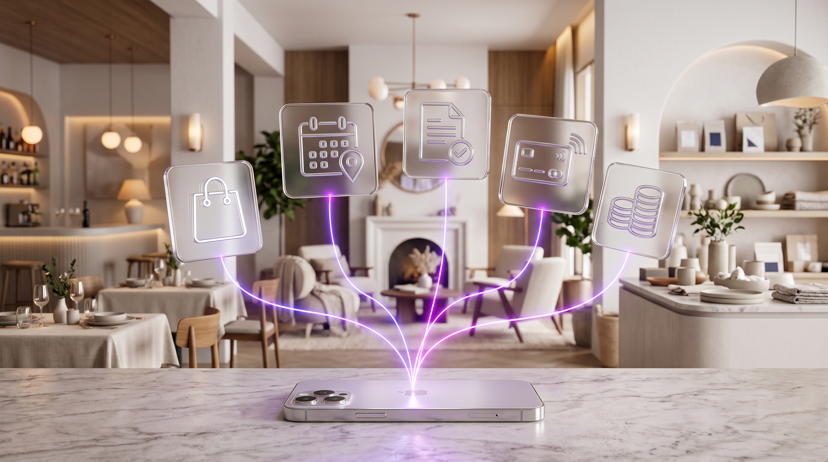 A guest house, restaurant, and retail counter coordinated through a single mobile-message command center