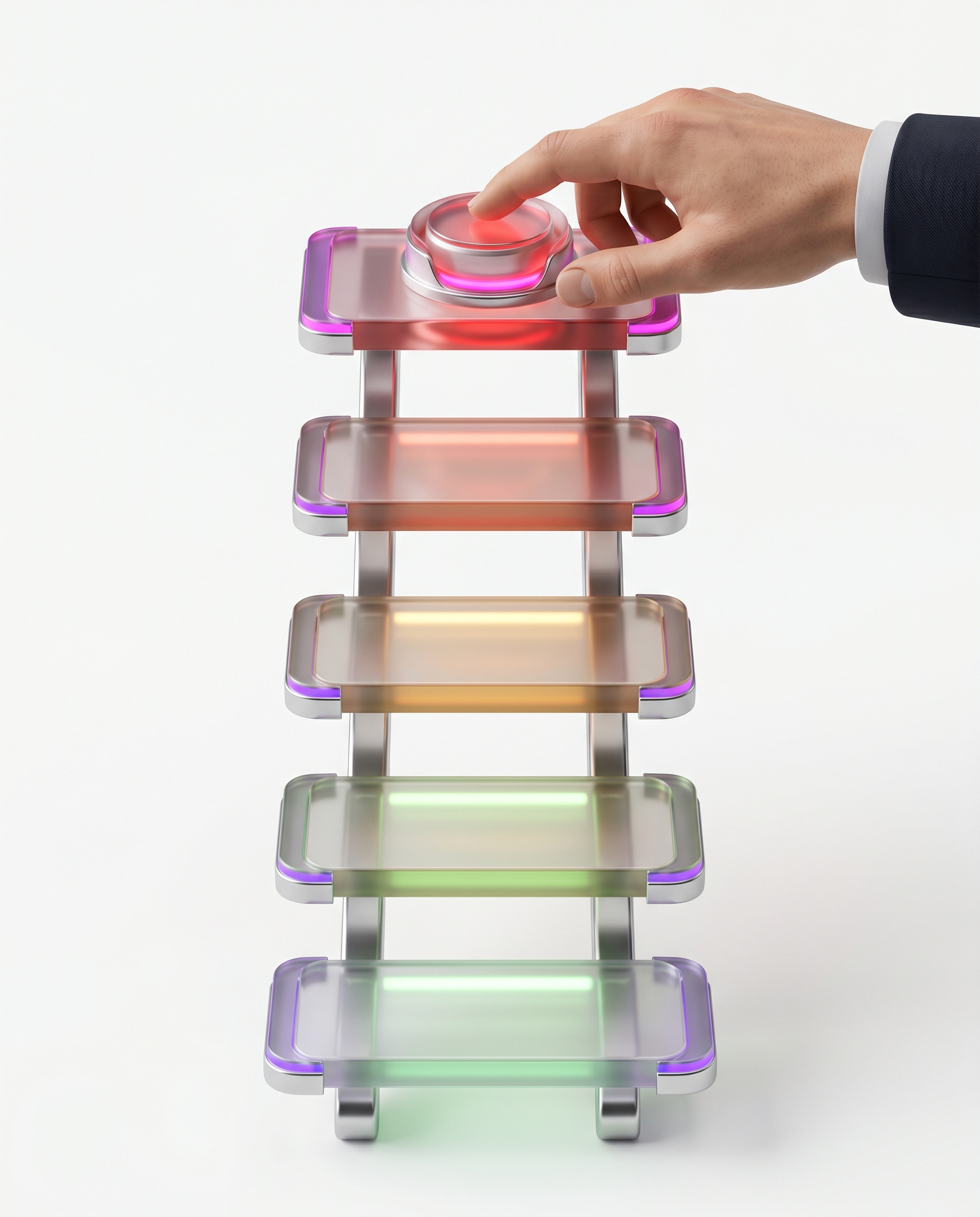 A five-level authority ladder from observe to high-stakes approval, with a human hand authorizing the top level