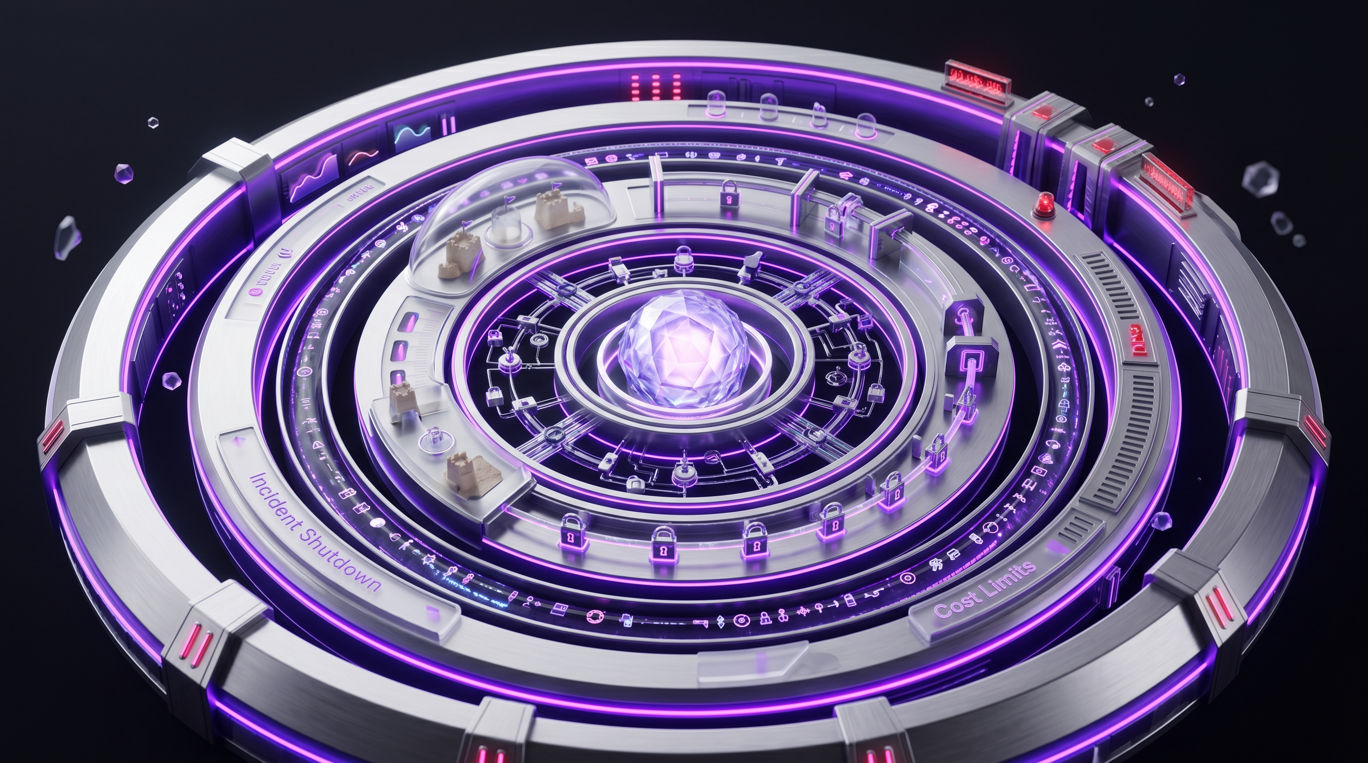 Concentric security layers around a protected business-data core: dedicated accounts, least privilege, sandbox, approval gates, logging, cost limits, backups, shutdown