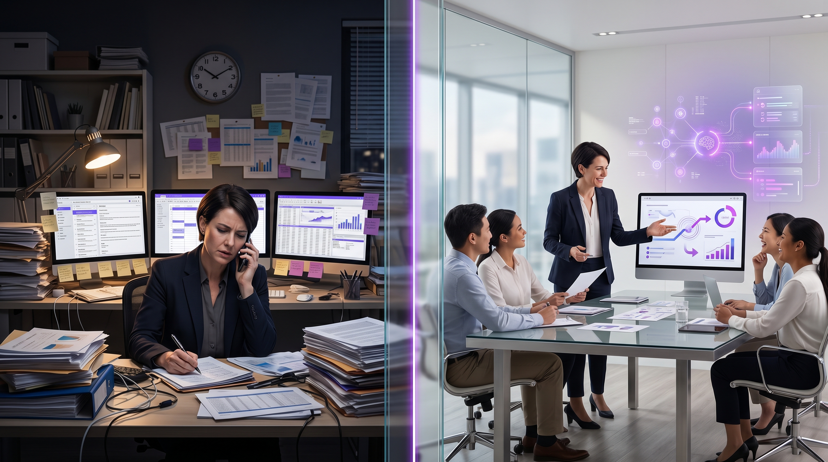 Split-screen of an owner's day: cluttered with admin on the left, focused on customers and strategy on the right while an AI layer handles routine work