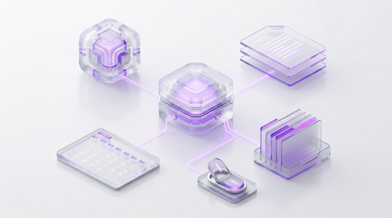 A private glass workspace core connected by thin glowing permission lines to a memory vault, document stack, calendar tile, inbox tile, and an approval switch