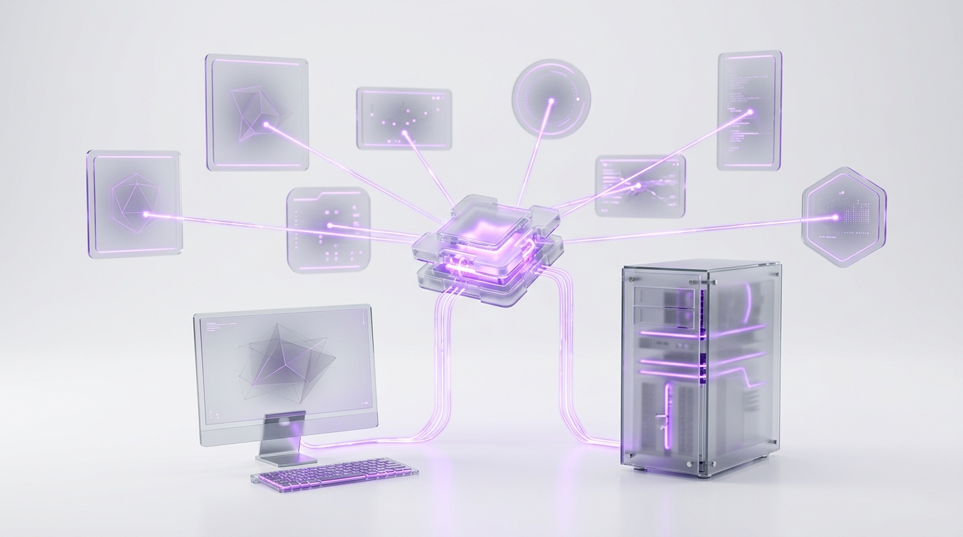 A translucent glass server tower and an owned desktop workstation connected to a central control plane linking abstract business tool panels