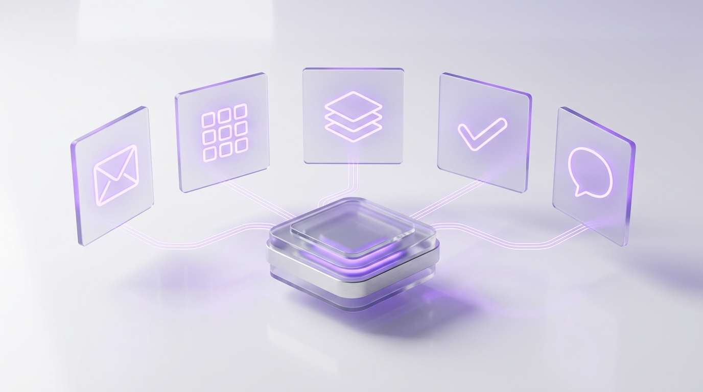 A translucent glass control hub coordinating floating panels for email, calendar, documents, tasks, and messaging in a white and violet workspace