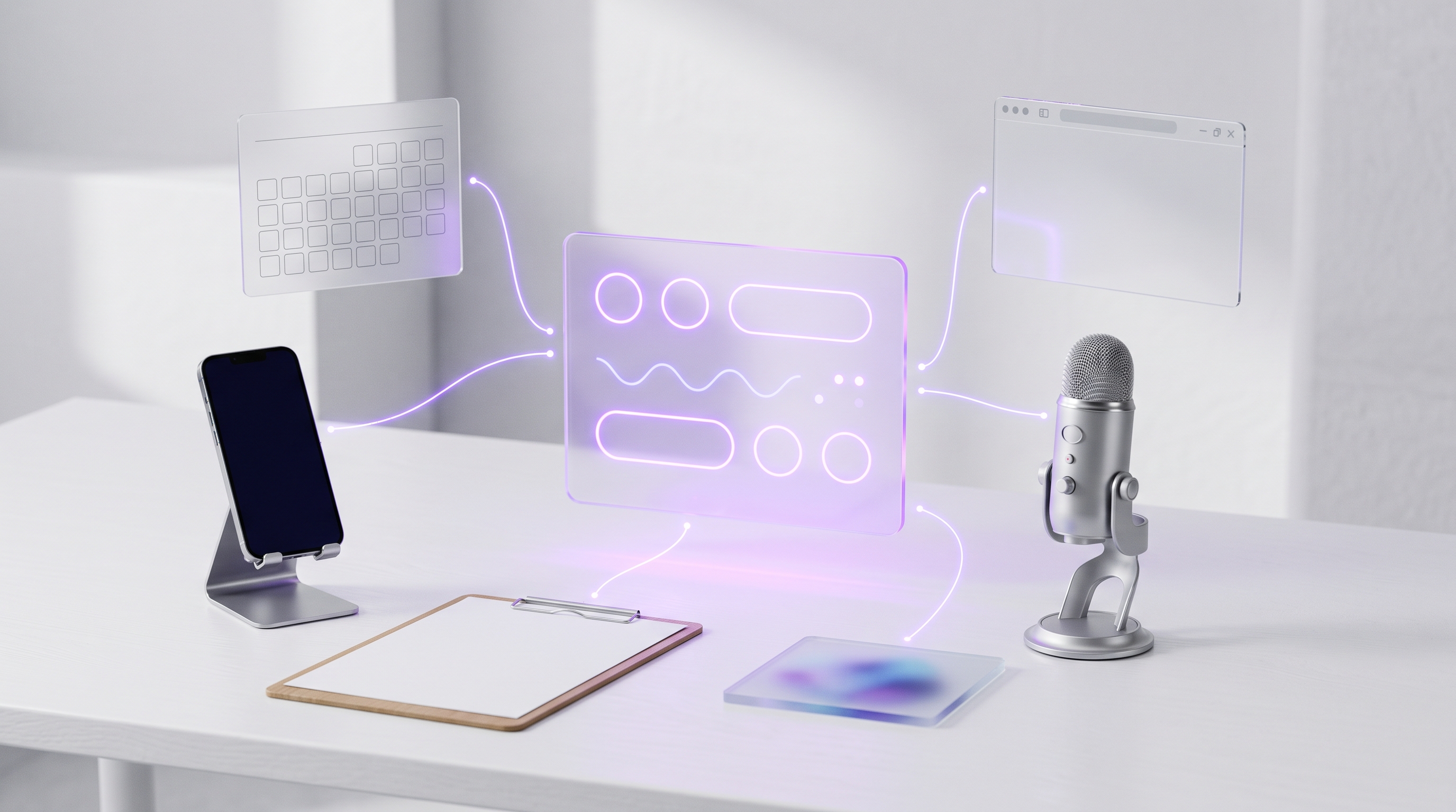 A desk scene with a phone, documents, microphone, image tile, browser pane, and calendar card feeding into one glowing assistant workspace