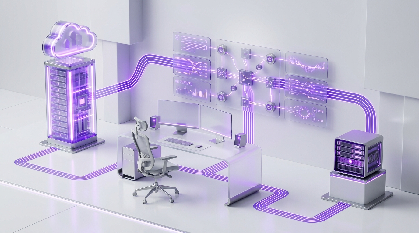 A consultant workstation branching toward a secure cloud server and a compact local server, both converging into messaging channels and tool connectors