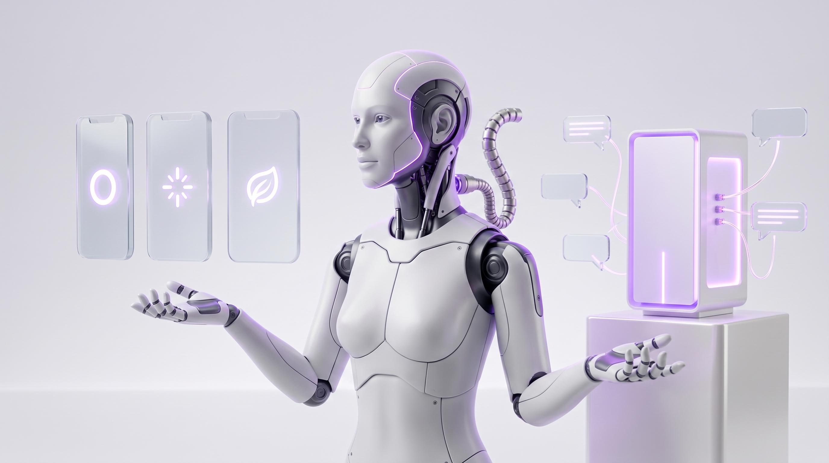 An AI assistant robot weighing a row of glowing phone app panels against a private server agent workspace