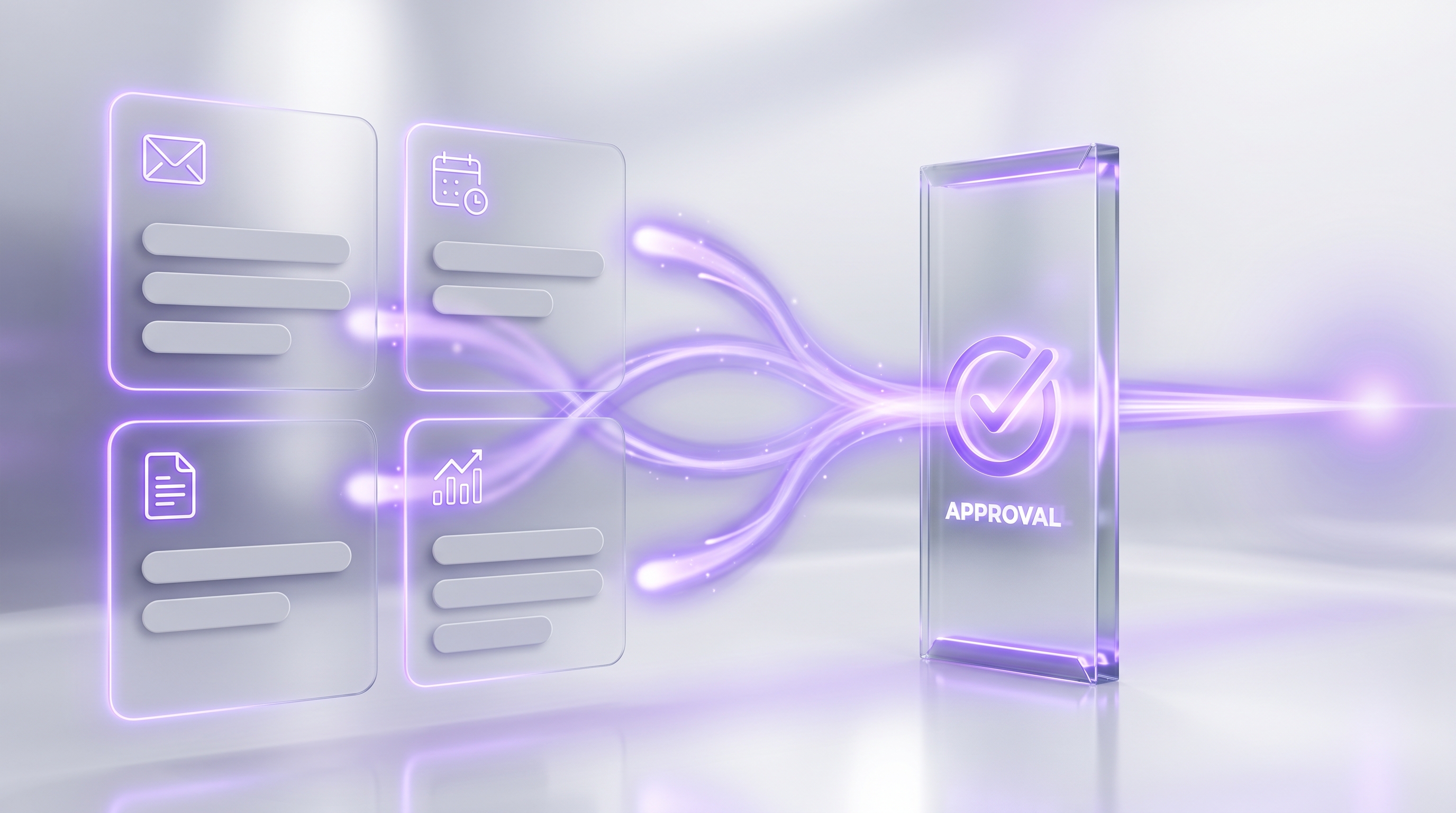 Four glass workflow cards for inbox, monitoring, client notes, and invoices all routing through a single glowing approval checkpoint