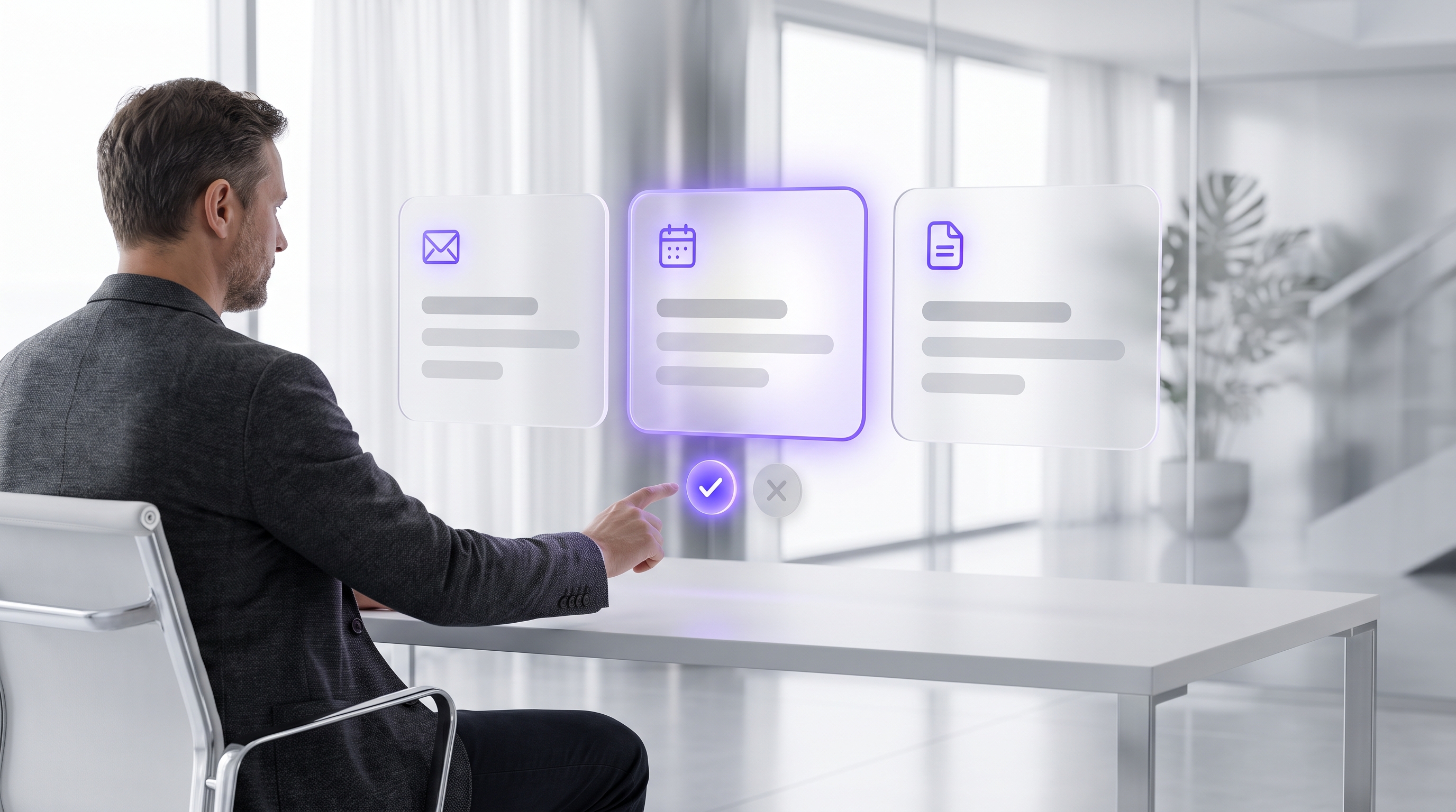 A founder reviewing AI-prepared task cards at a clean desk while a translucent workflow panel waits for approval