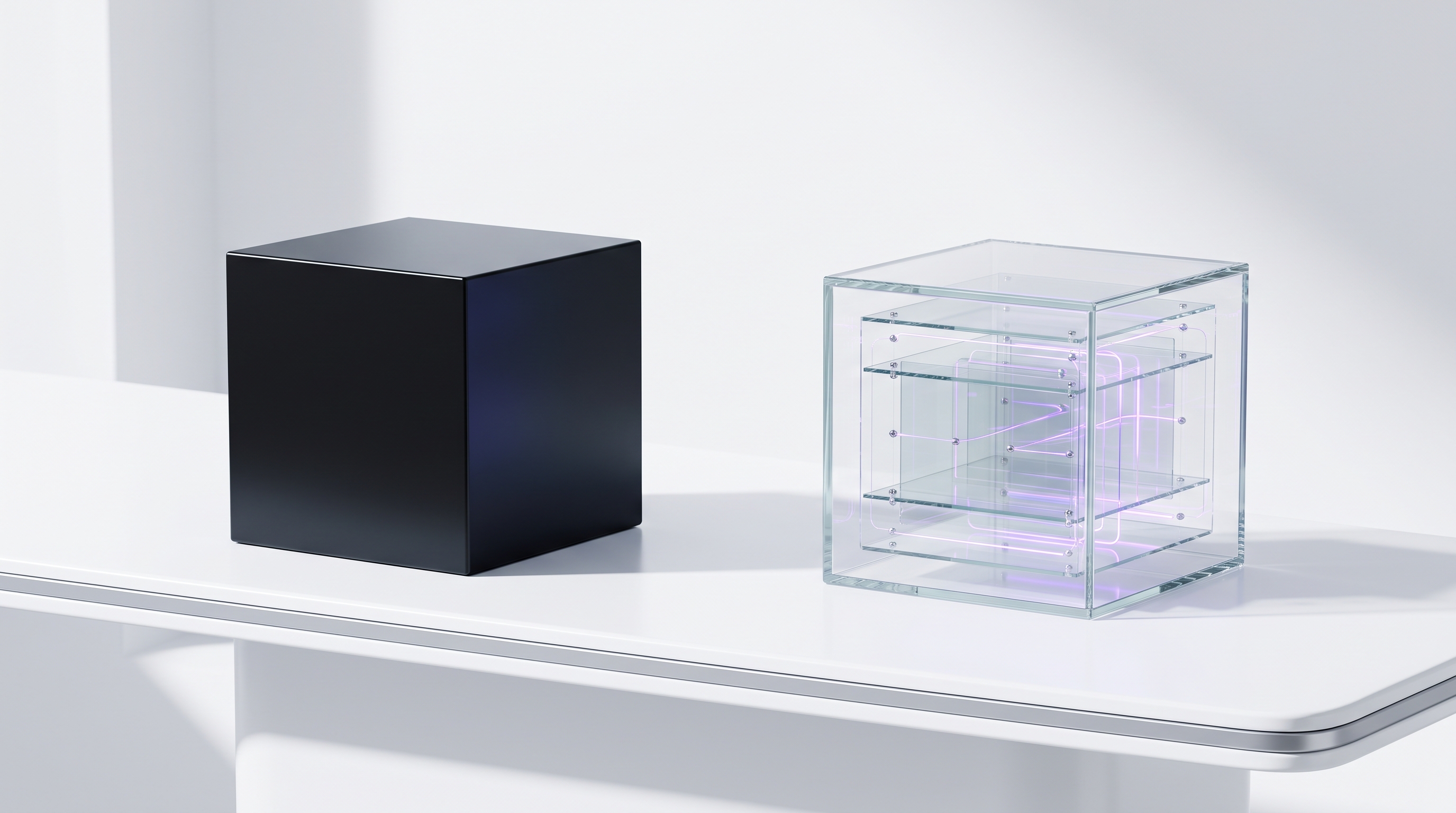 A sealed opaque black cube on one side and a transparent glass system with visible inner workflow layers on the other, in a white and violet studio setting