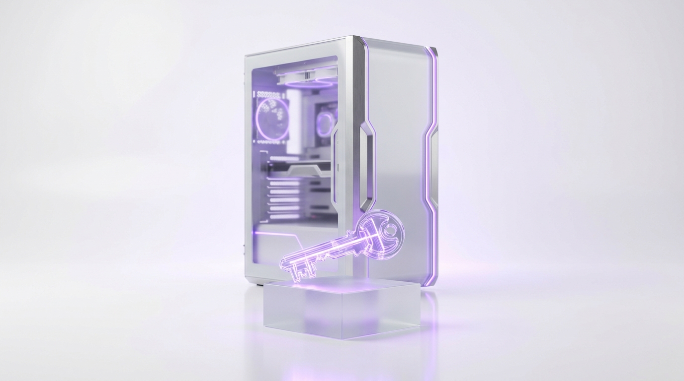 A glowing translucent key being placed onto a glass pedestal in front of an owned server setup, surrounded by soft violet light in a white studio