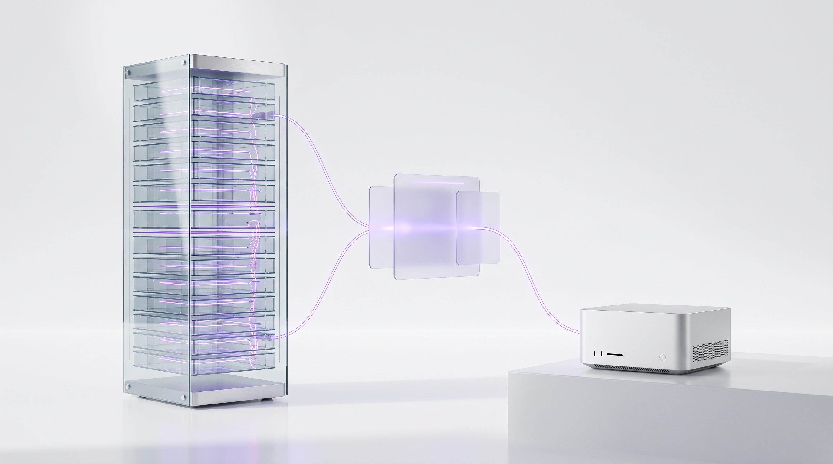 A translucent glass server tower beside a compact owned workstation, both connected by glowing violet lines to a central control panel in a white studio