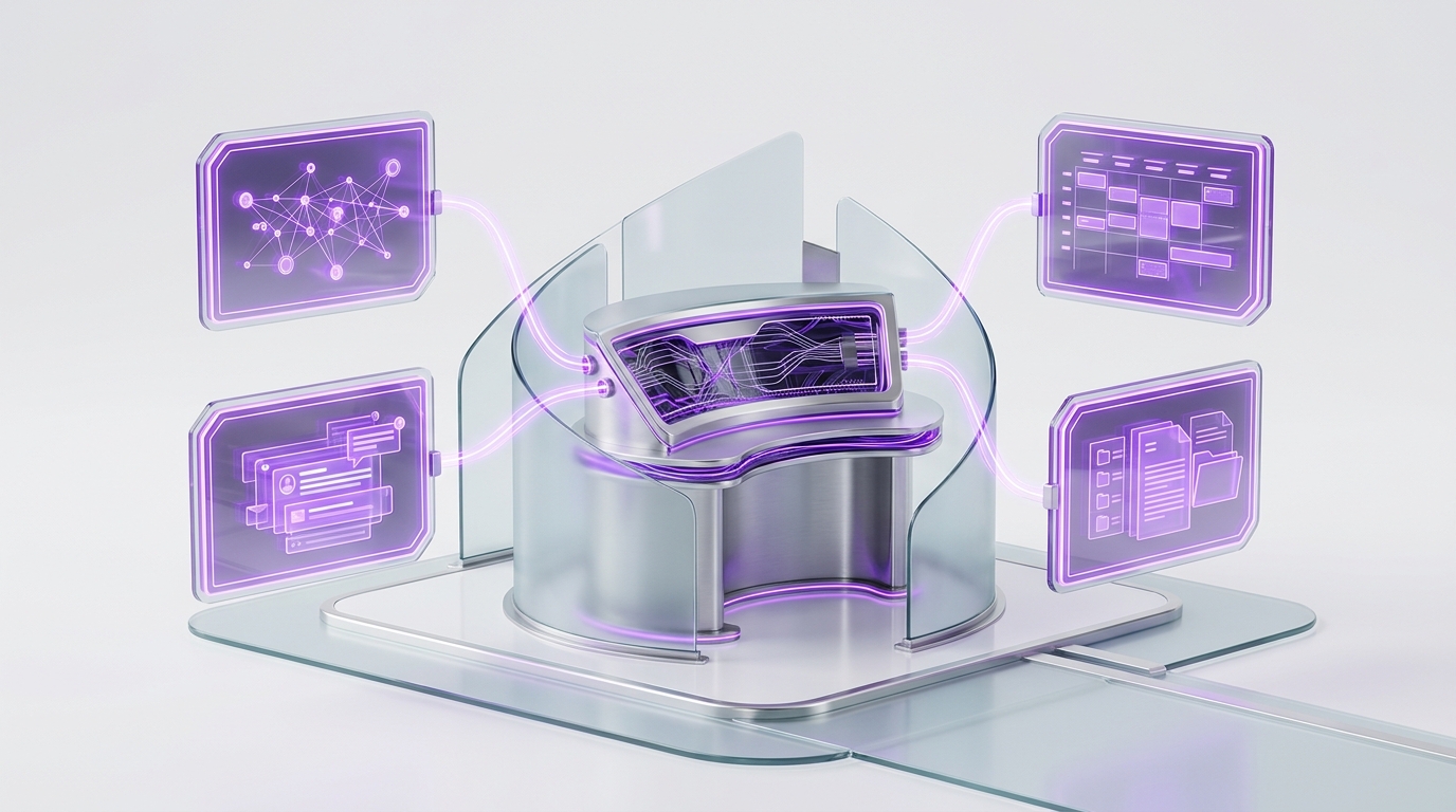 An AI employee onboarding workspace where glowing translucent tool cards for CRM, inbox, calendar, and documents connect to a central glass workstation