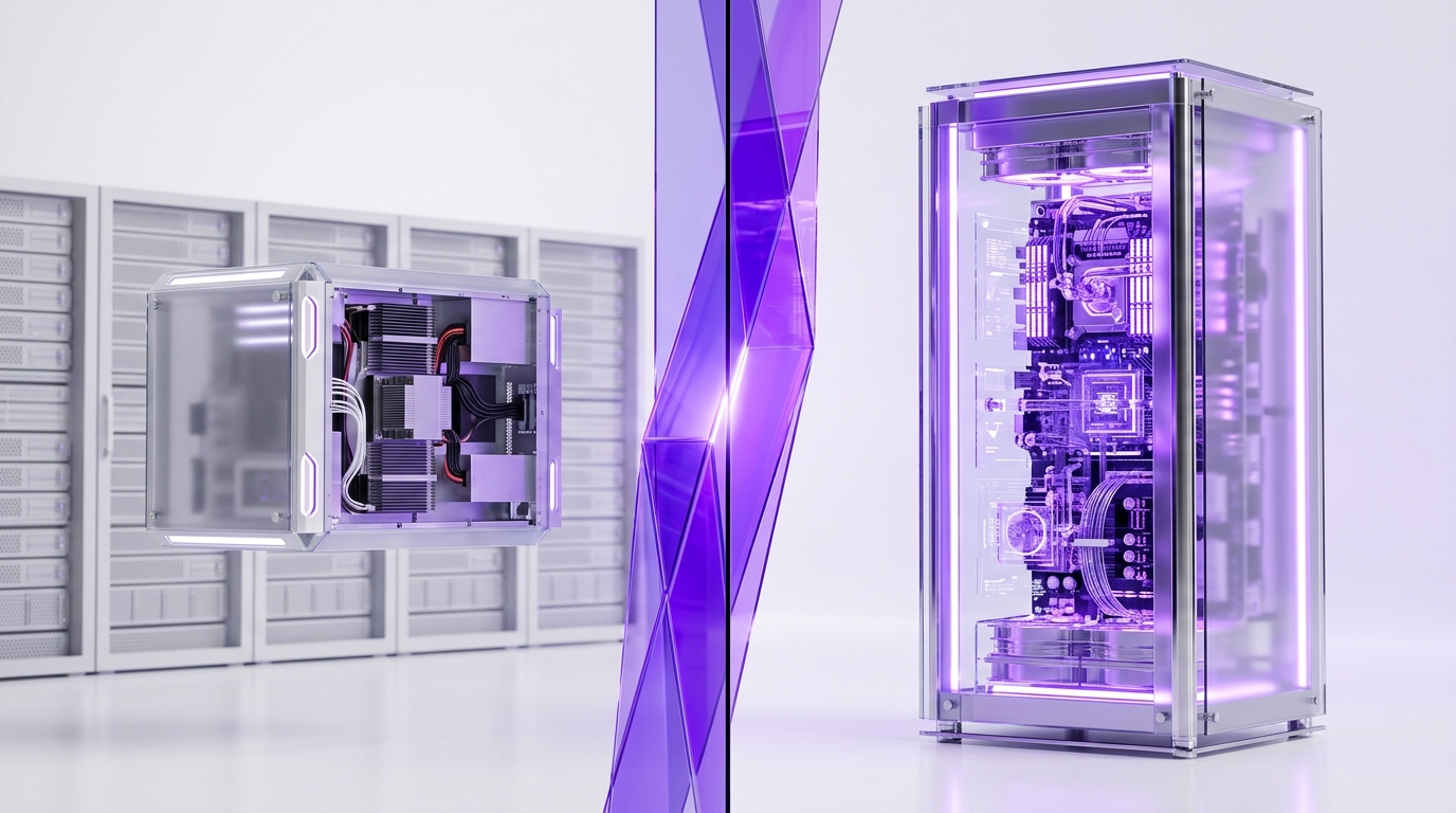 A rented shared SaaS platform tile contrasted with an owned private server running a custom AI worker, connected by glowing glass panels
