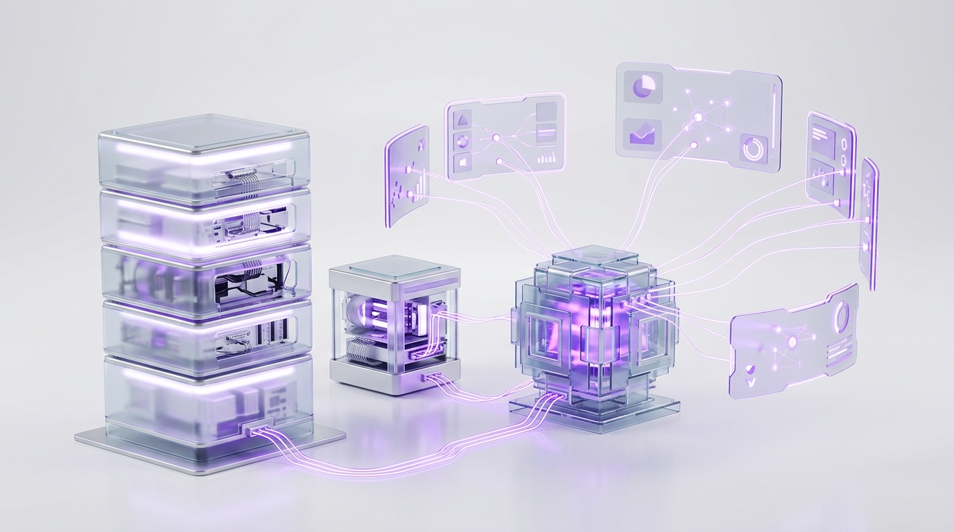 A private VPS server tower and a compact locally hosted machine feeding one glass control core connected to business tool, memory, and approval panels