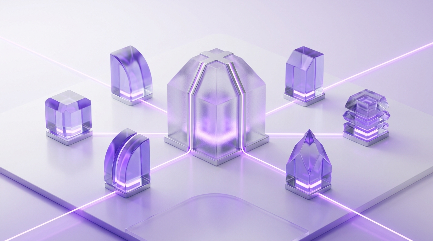 A central glass business hub connected to seven translucent category nodes representing different business functions in a white and violet scene
