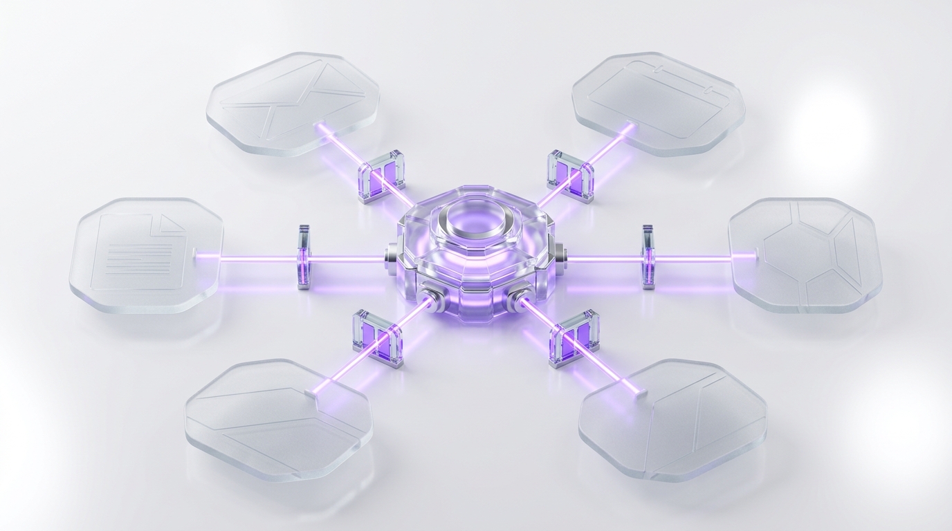 A central translucent agent hub linked by glowing violet lines to abstract panels for inbox, calendar, documents, CRM, research, and finance with checkpoint gates on each line