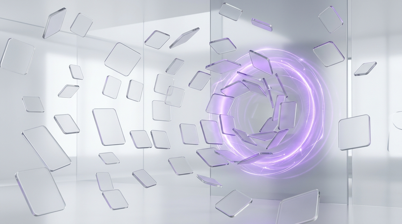 Dozens of scattered translucent app tiles drifting apart while a single glowing violet control layer draws them together in a white glass scene
