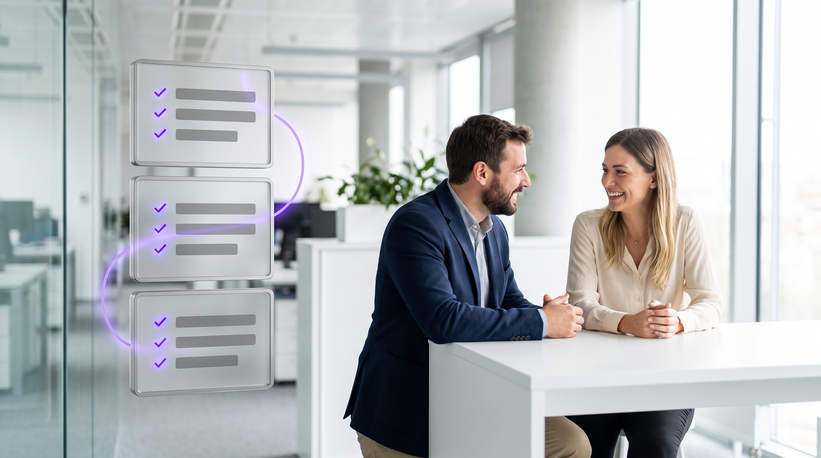 Two professionals in a focused live conversation at a modern desk, the kind of relationship work that stays human