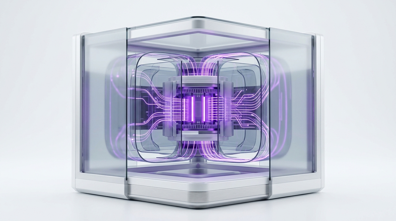 A private server core with glass panels showing data pathways staying inside an owned environment
