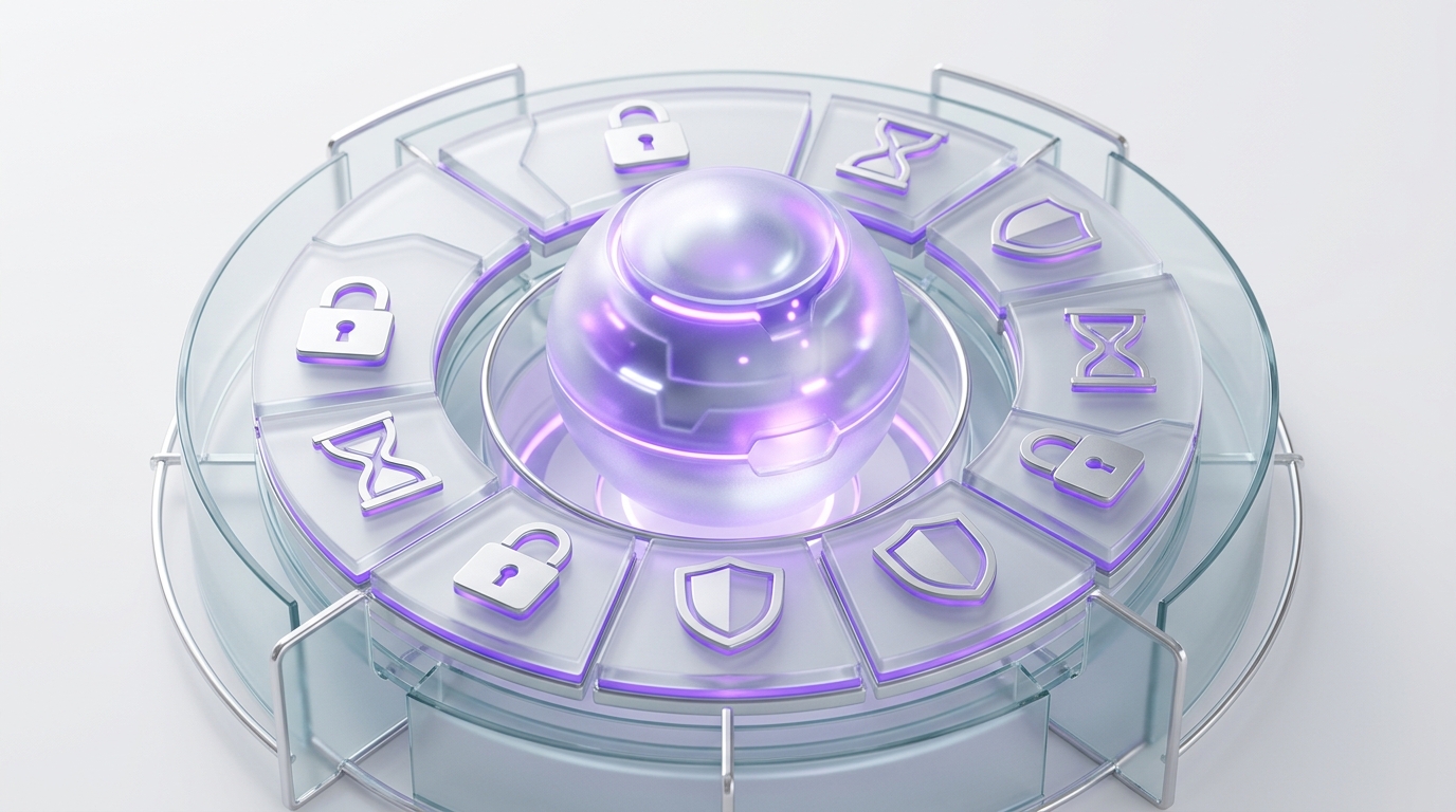 Glass control tiles with abstract lock, timer, and shield symbols arranged around a central agent runtime sphere, representing layered safeguards for autonomous agents