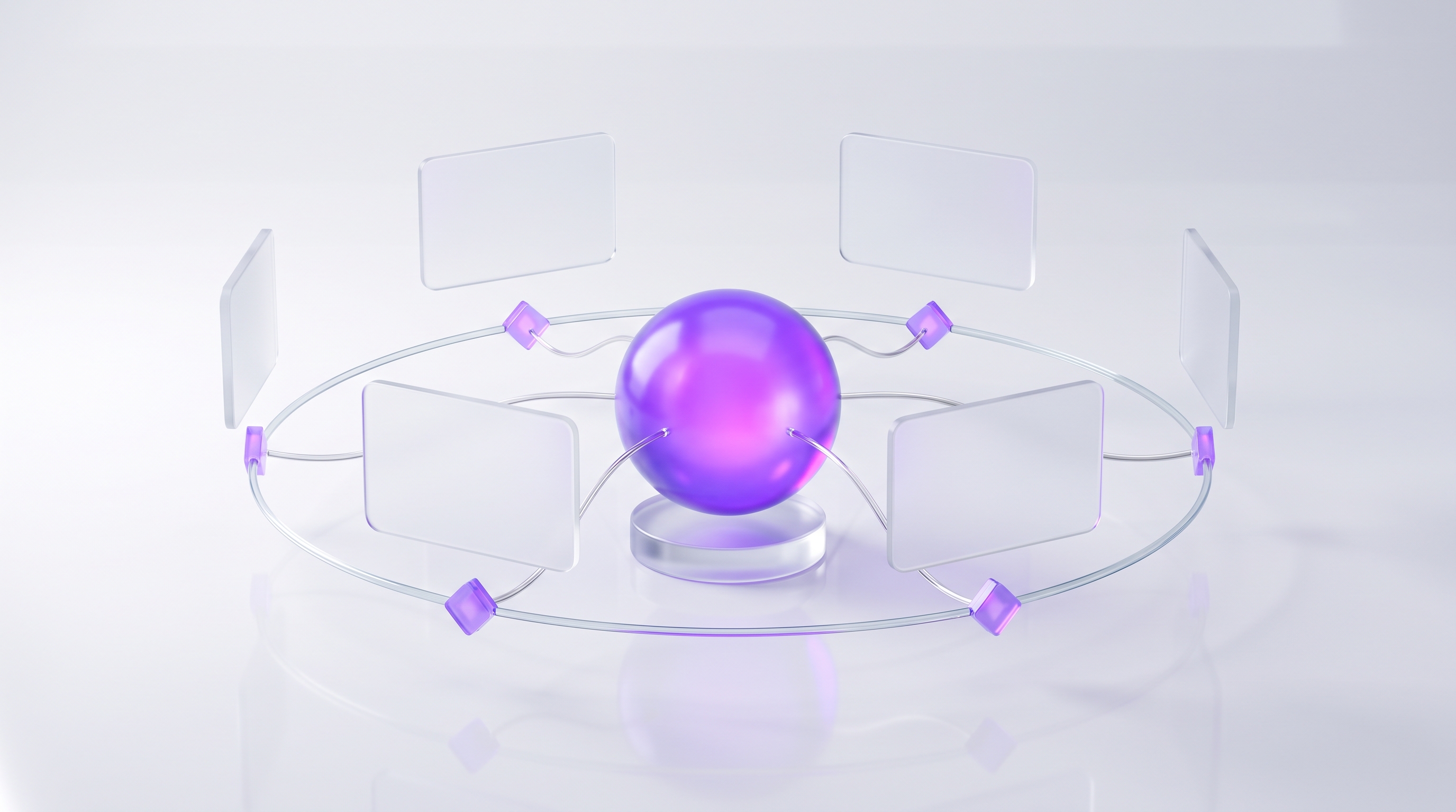 Abstract diagram of autonomous AI agents operating from a private server hub connected to glass app panels with approval checkpoints at the boundary
