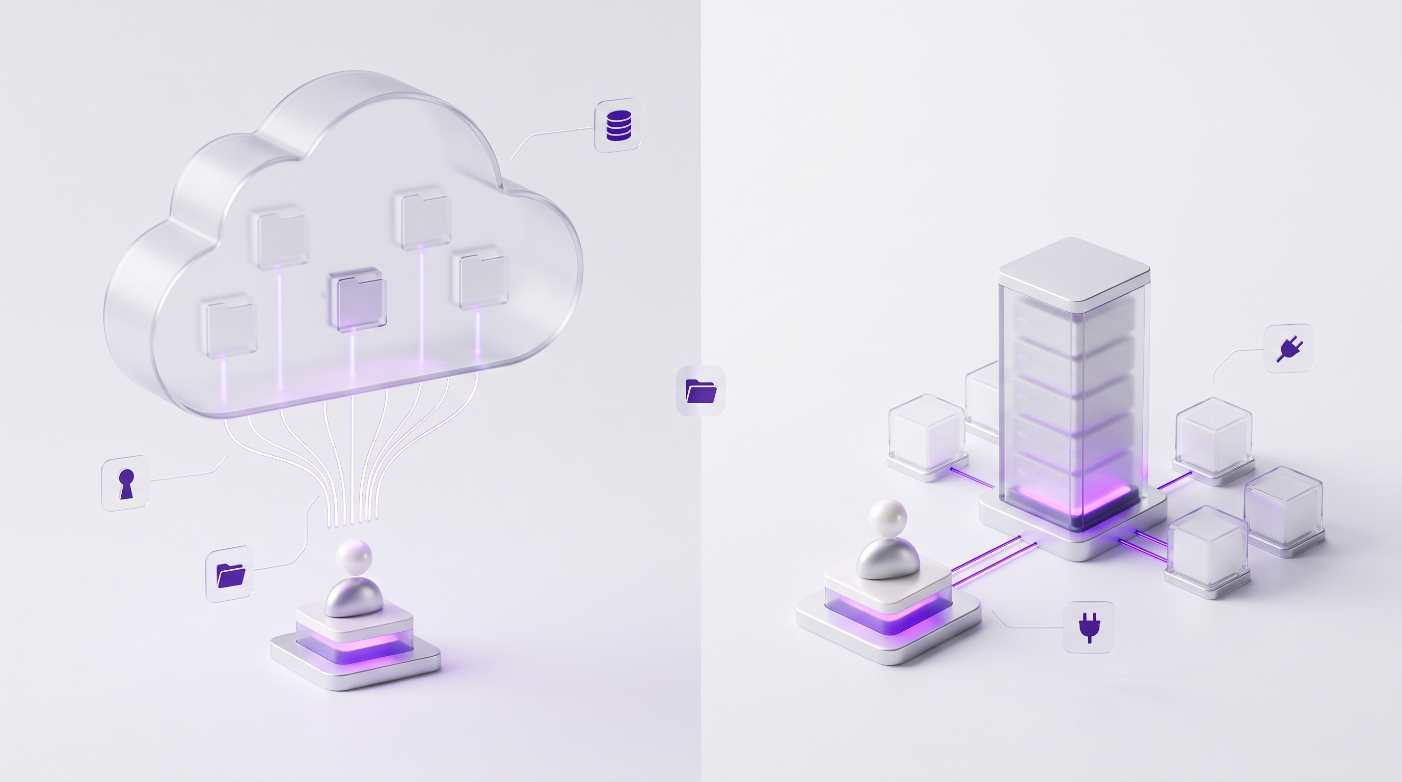 A glass architecture diagram contrasting a vendor-held agent service with an owned private agent runtime connected to memory, credentials, integrations, and logs