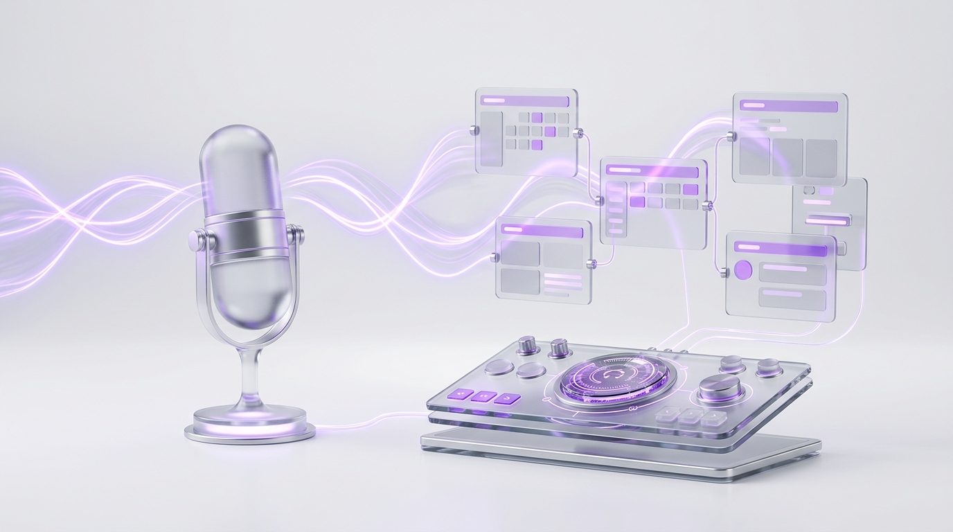 An abstract glass scene of a microphone with flowing sound waves connecting to floating scheduling panels and an approval control surface