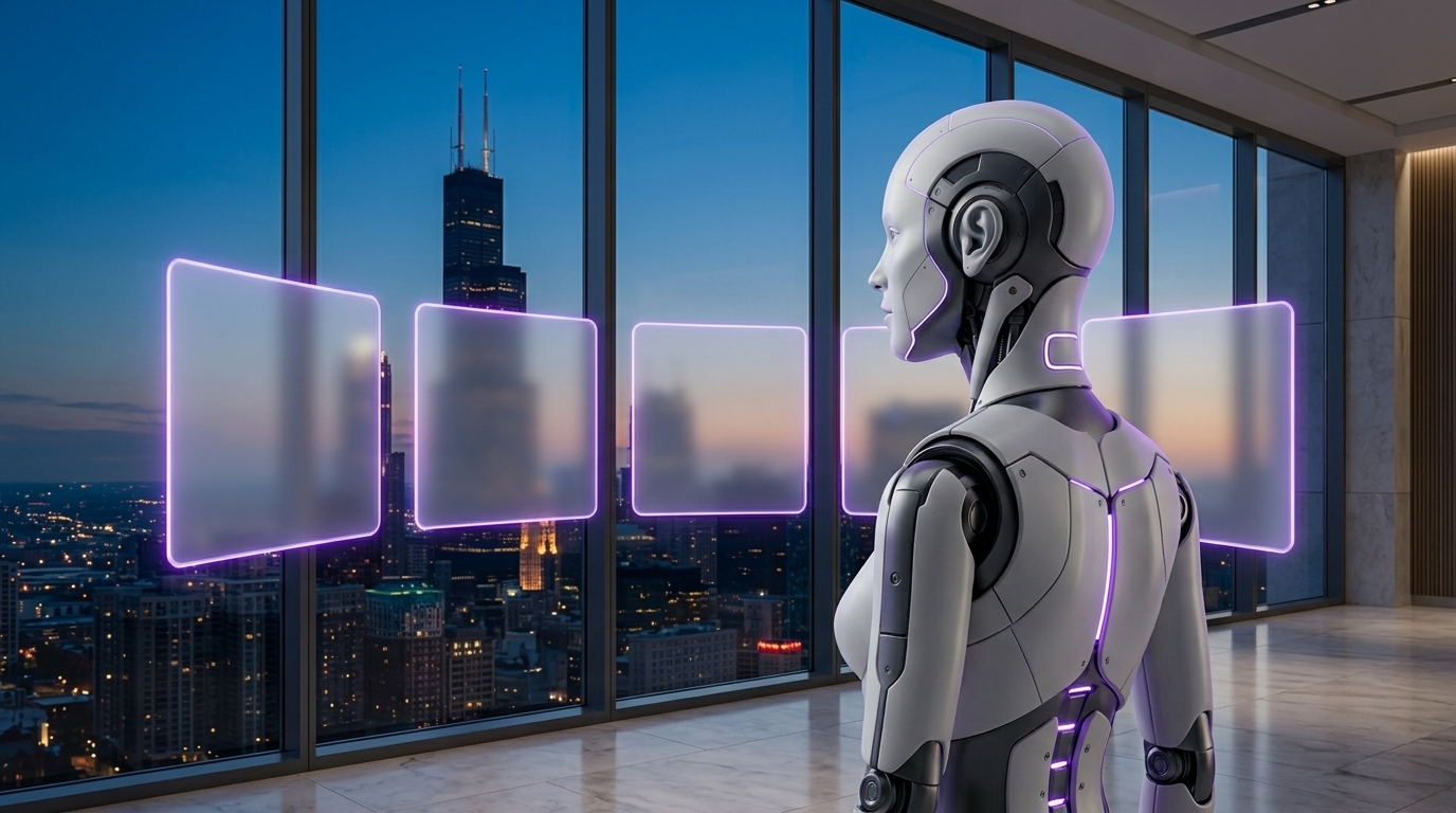 A white and silver AI robot reviewing translucent glass provider comparison cards in a Chicago office overlooking the skyline