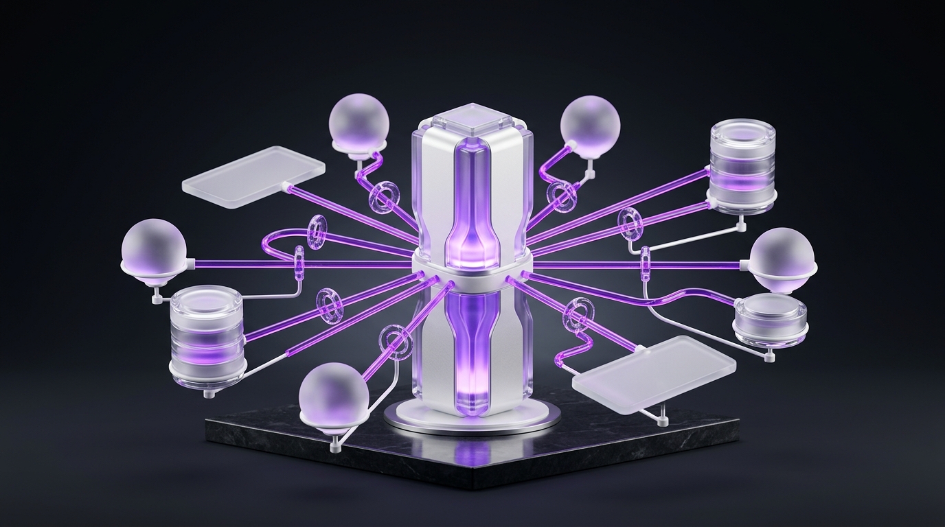 A private server core connected by glowing lines to model nodes, app nodes, storage, and approval checkpoints in glass and electric purple
