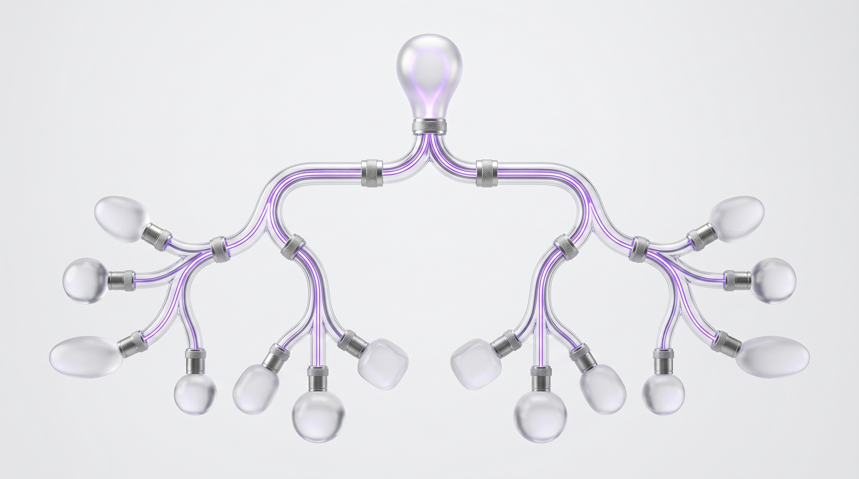 An abstract glass branching decision tree splitting into personal and team app portals for choosing OpenClaw channels