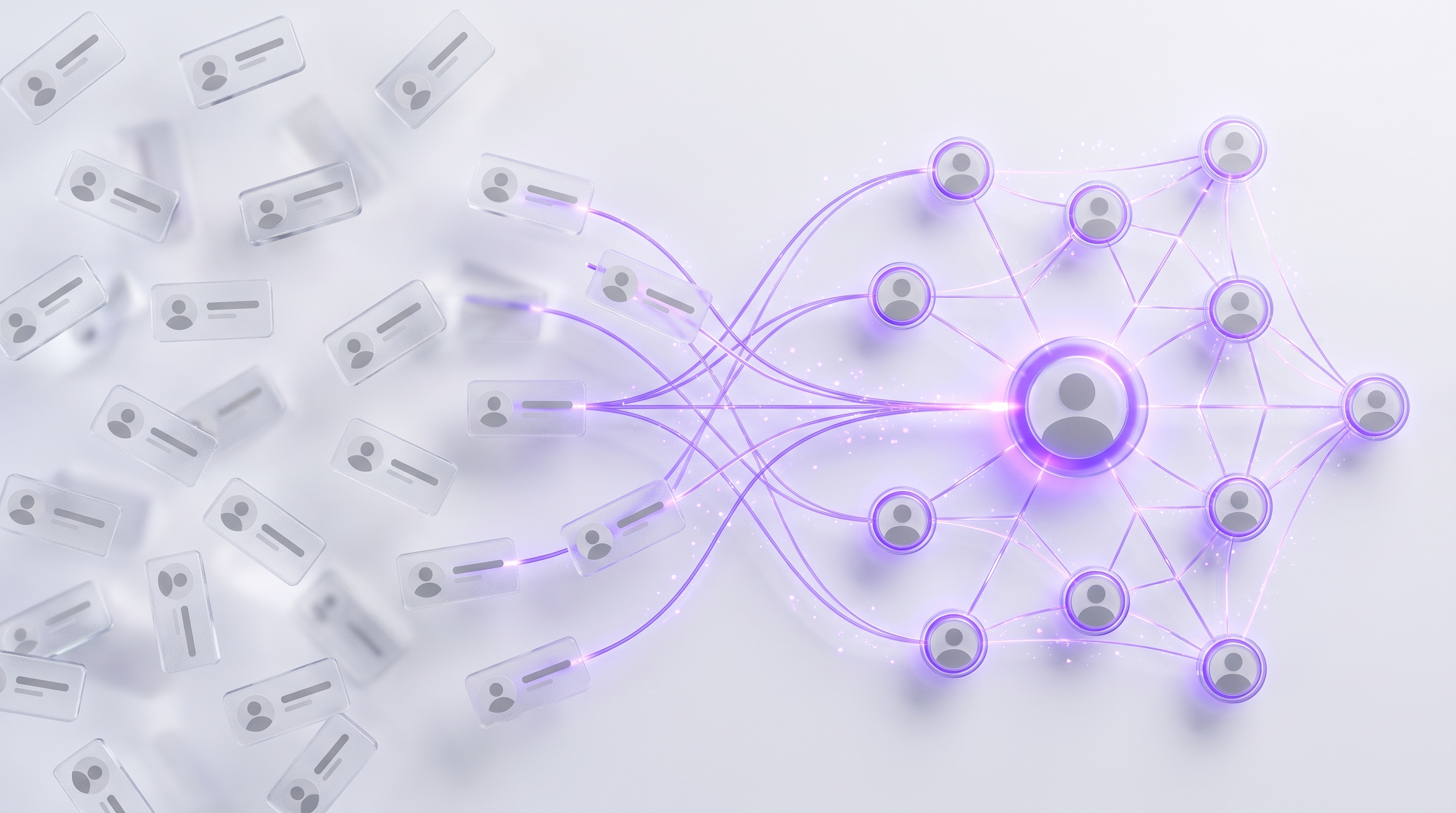 White and silver robot arranging scattered glass contact orbs into a connected constellation with one node glowing soft purple