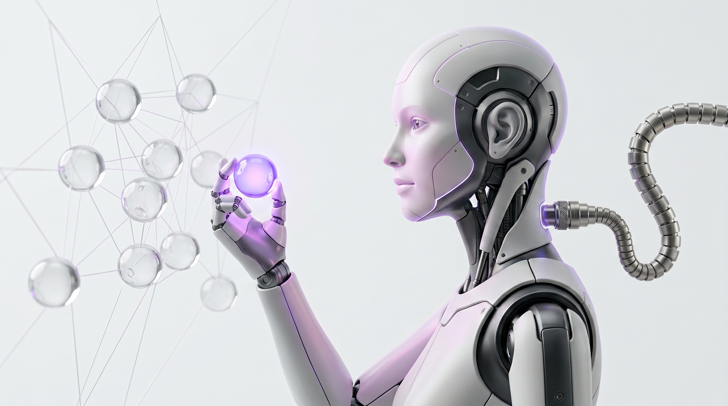White and silver robot lifting one glowing purple contact orb forward from a calm constellation of glass orbs