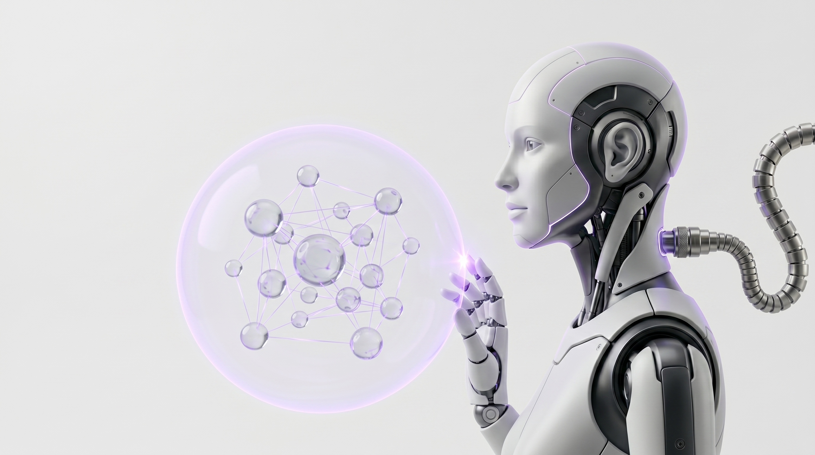 White and silver robot keeping a constellation of glass contact orbs inside a glowing electric-purple shield dome