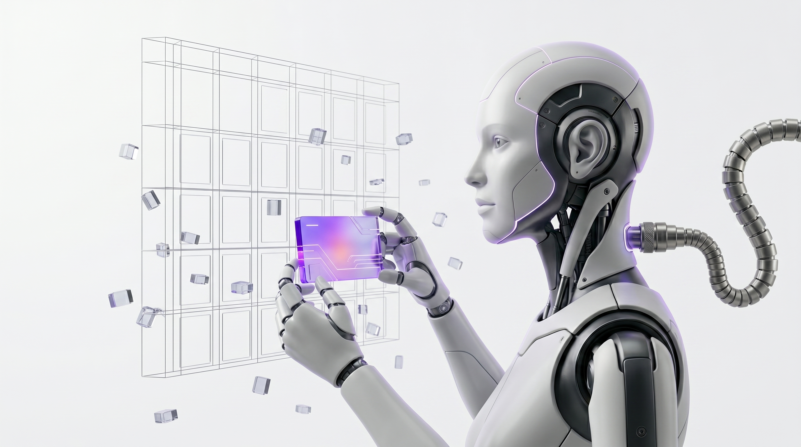 White and silver robot arranging scattered glass calendar tiles into a clean ordered row with one meeting glowing soft purple