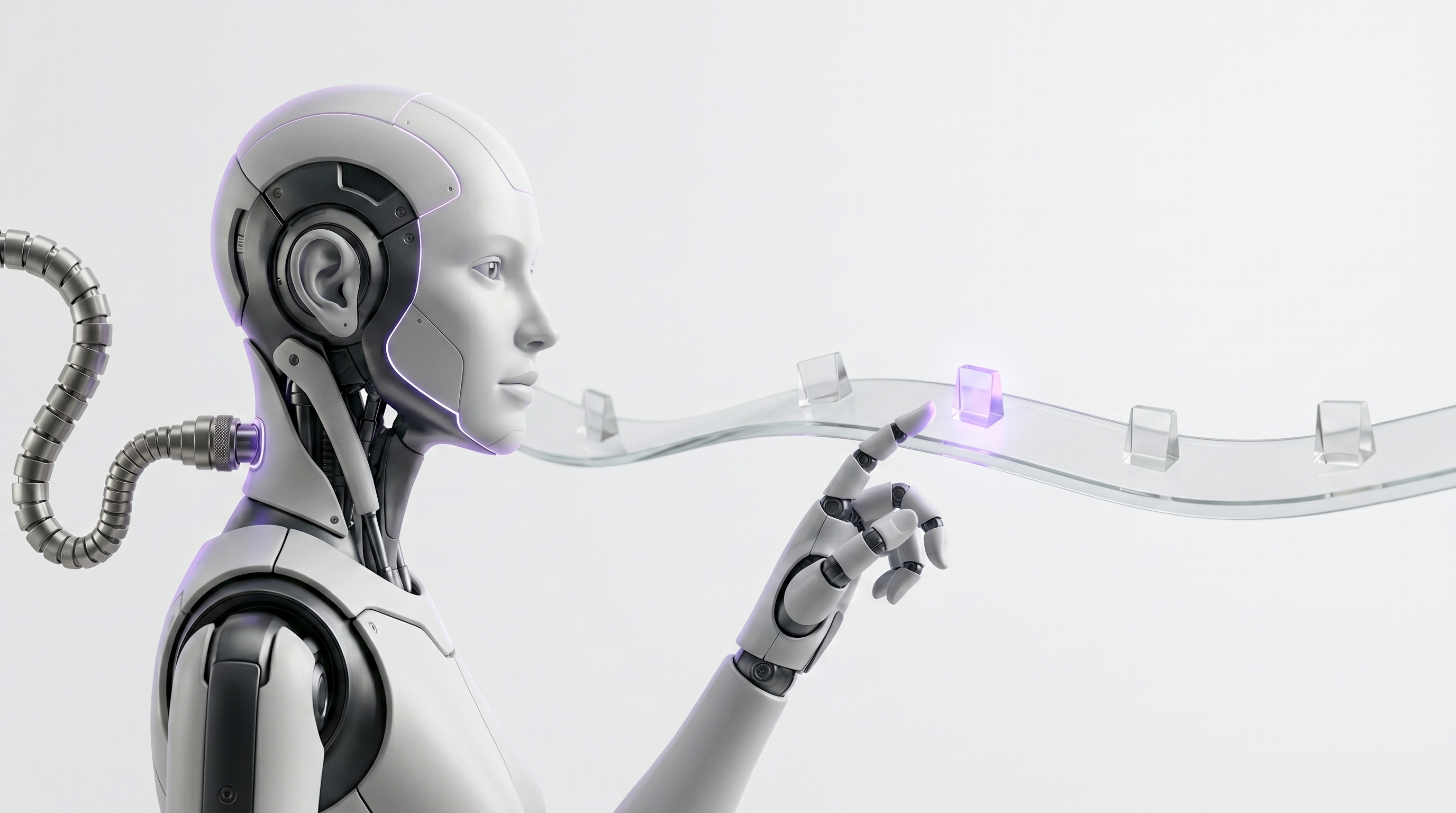 White and silver robot assembling glass fragments of context into one clean glowing purple pre-meeting brief card
