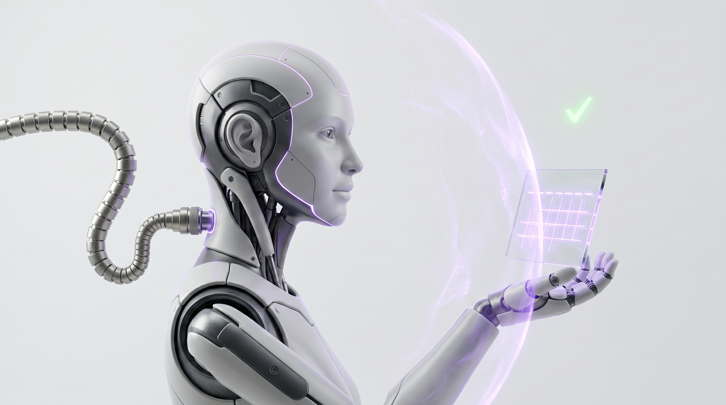 White and silver robot pausing a glass scheduling card at a glowing electric-purple shield gate with an approval spark hovering