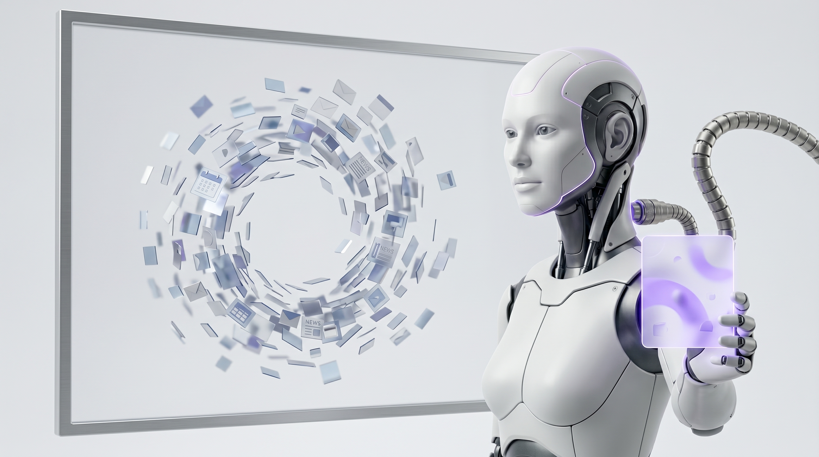 White and silver robot calmly handing over one glowing glass digest card while a storm of email, calendar, weather, and news cards stays contained behind a clean pane of glass