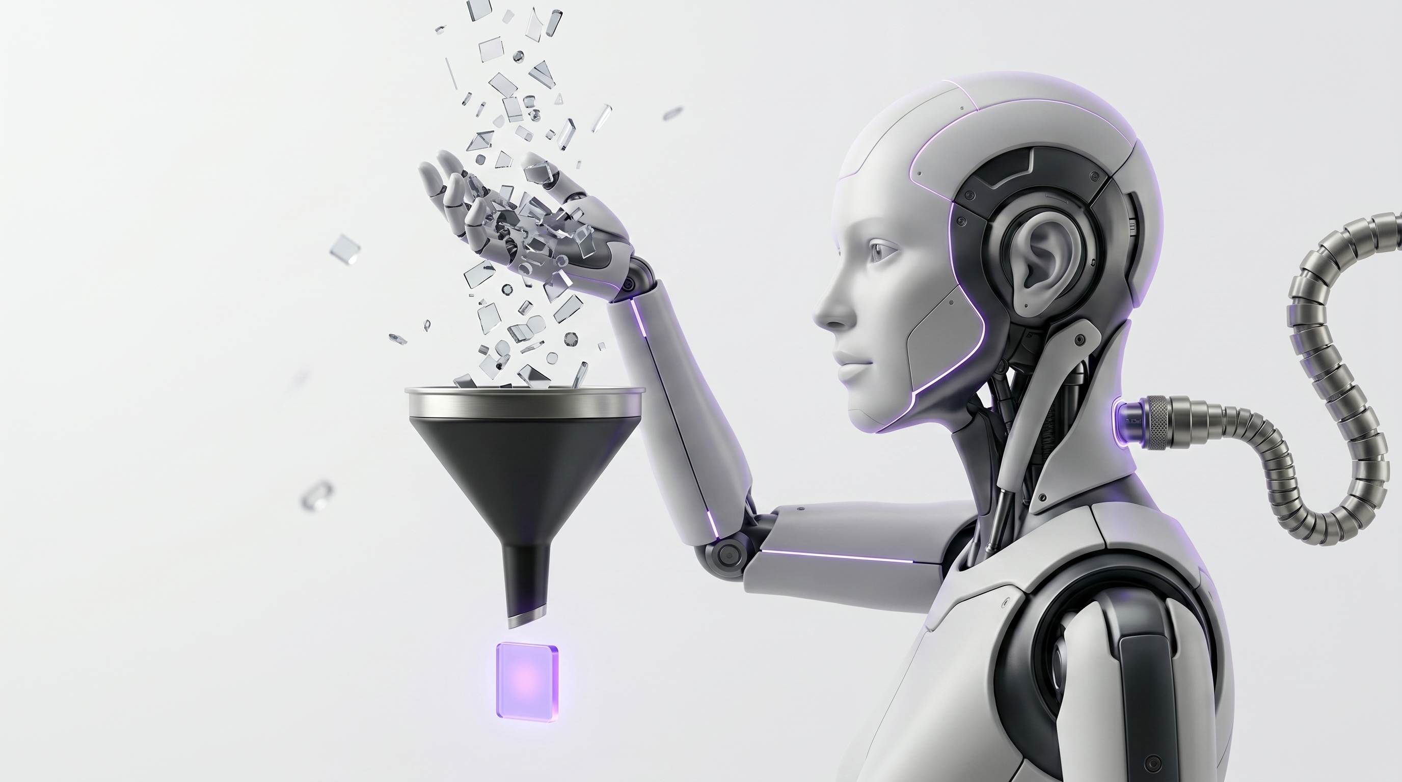 White and silver robot pouring scattered glass information fragments through a funnel that produces one neat glowing purple briefing tile