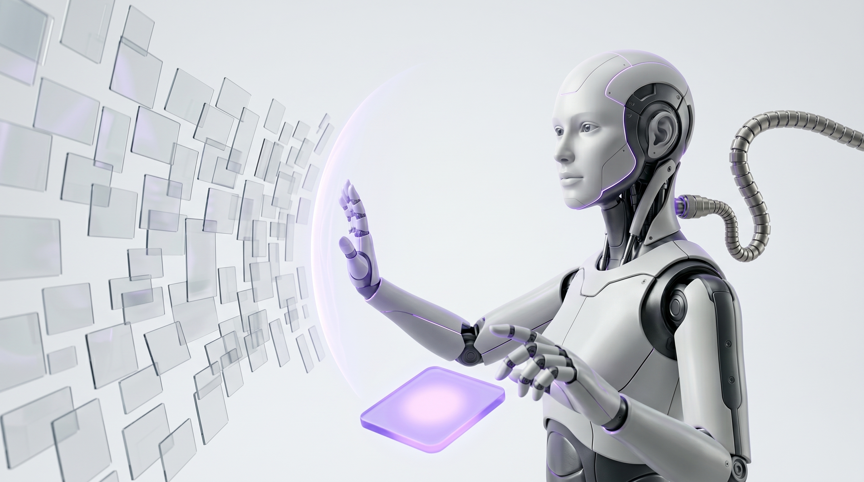 White and silver robot holding back a wave of glass cards behind a glowing electric-purple shield while releasing one approved tile forward