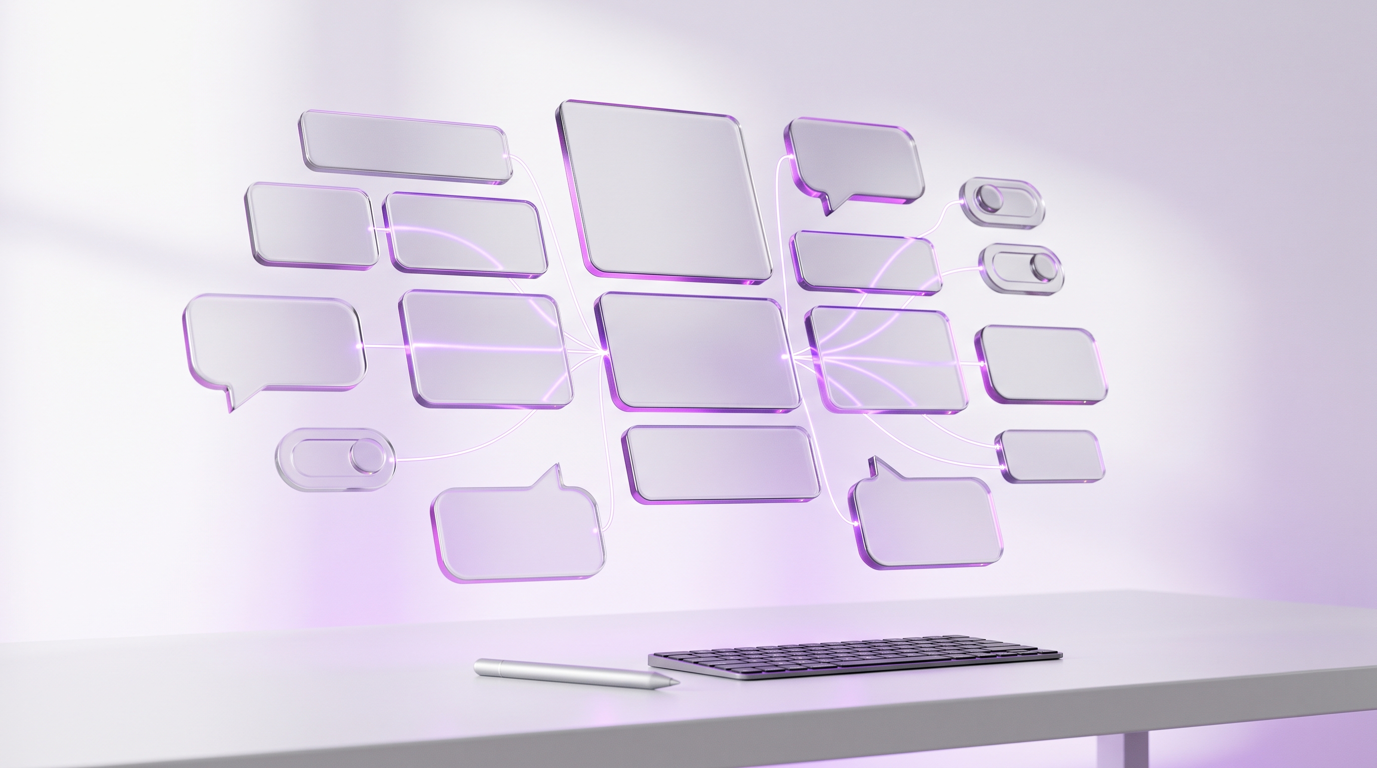 Abstract no-code builder scene with connected app tiles, chat bubbles, and toggle controls arranged on a clean desk in soft purple light