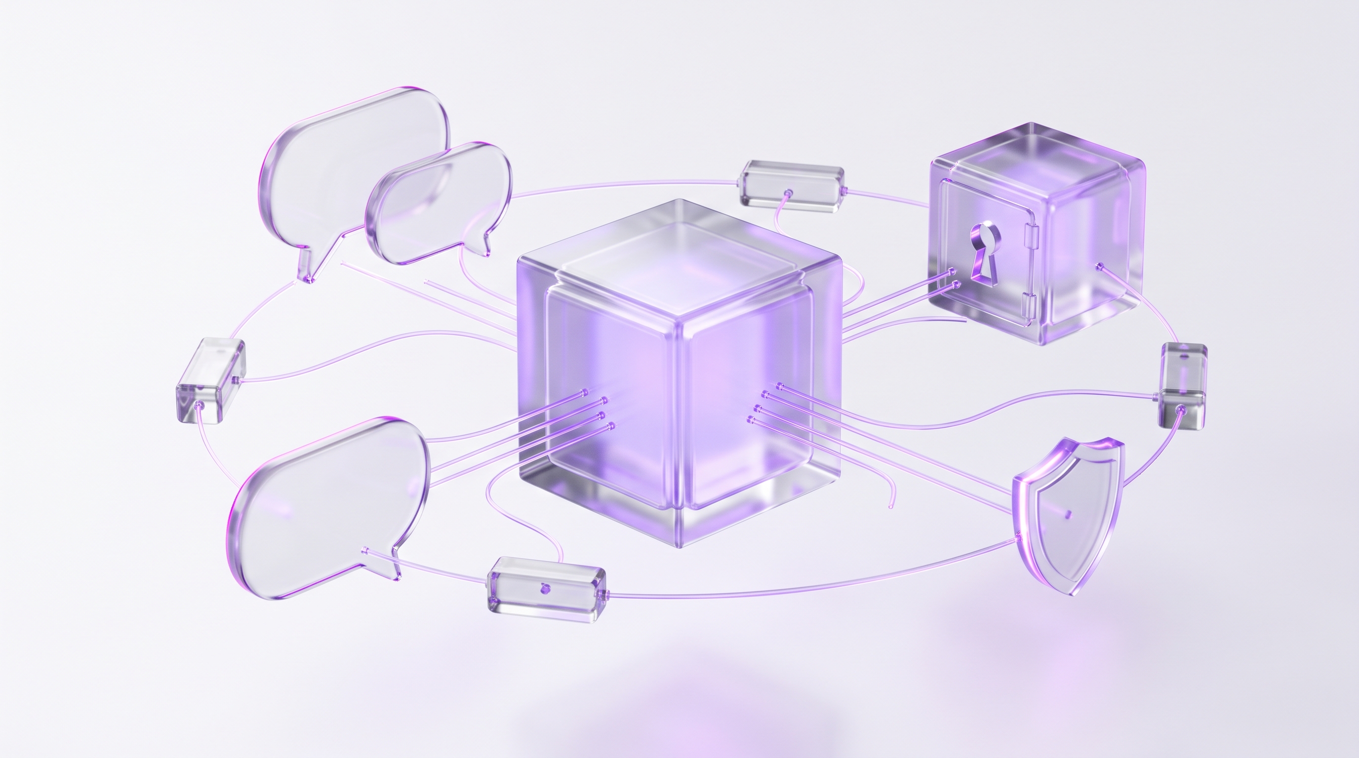 Translucent glass server cube connected to floating chat bubbles, tool modules, a memory vault, and a glowing shield checkpoint