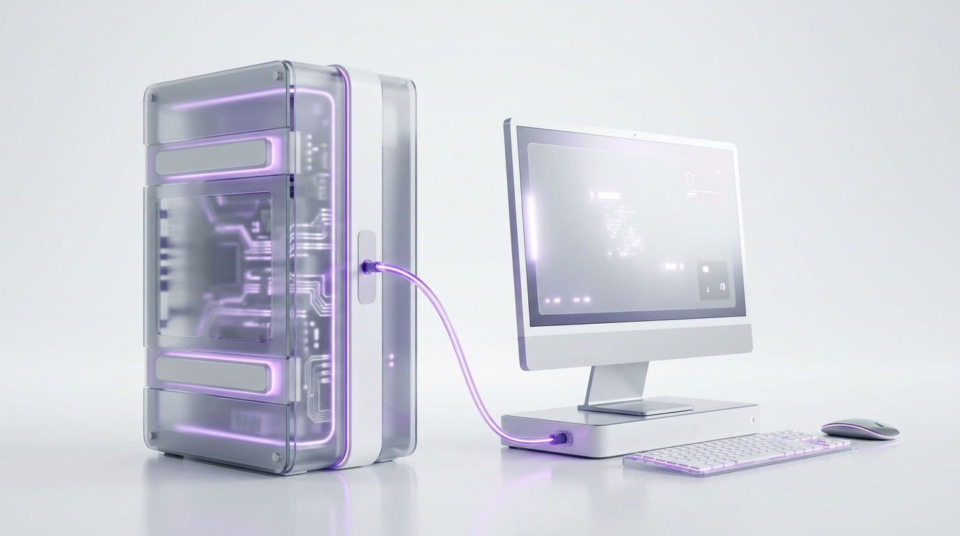A translucent glass VPS server tower beside an owned desktop workstation, connected by a glowing line, representing the two private hosting choices