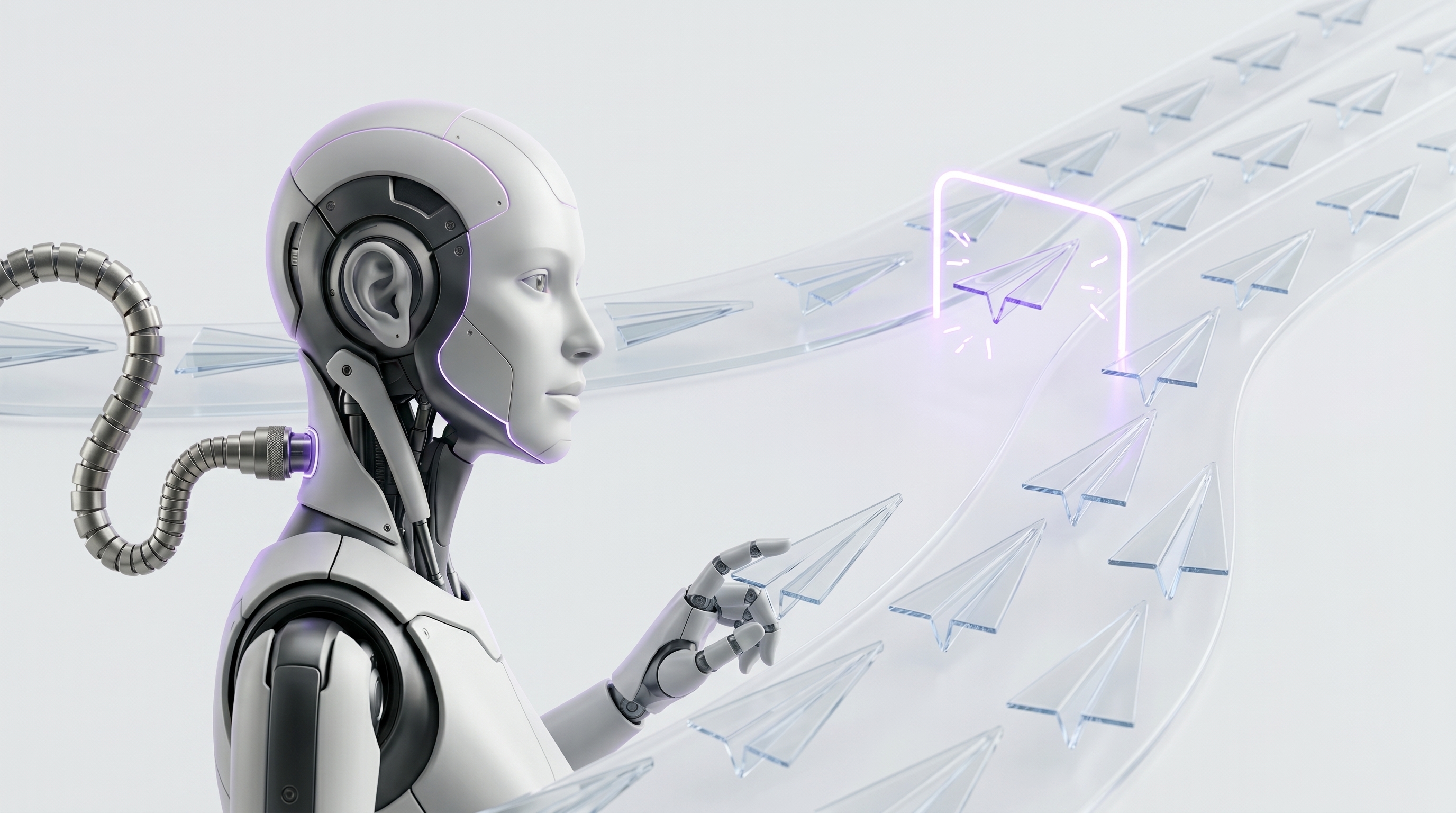 White and silver robot calmly sorting a swarm of translucent glass message cards into tidy stacks with one glowing purple priority card